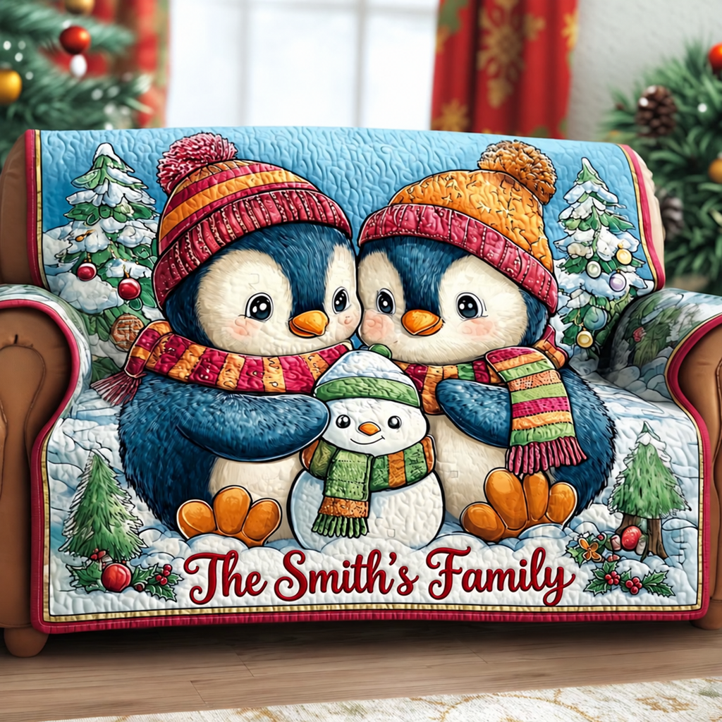 Personalized Christmas Penguin Quilted Sofa Cover, Penguin Sofa Cover, Patchwork Couch Throw, Sofa Protector, Holiday Sofa Decor QUILTSOFA02