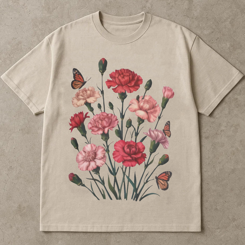 Carnation Flower Shirt, Floral Graphic Tee, Butterfly Carnation T-Shirt, Botanical Flower Lover Gift, Cute Garden Shirt