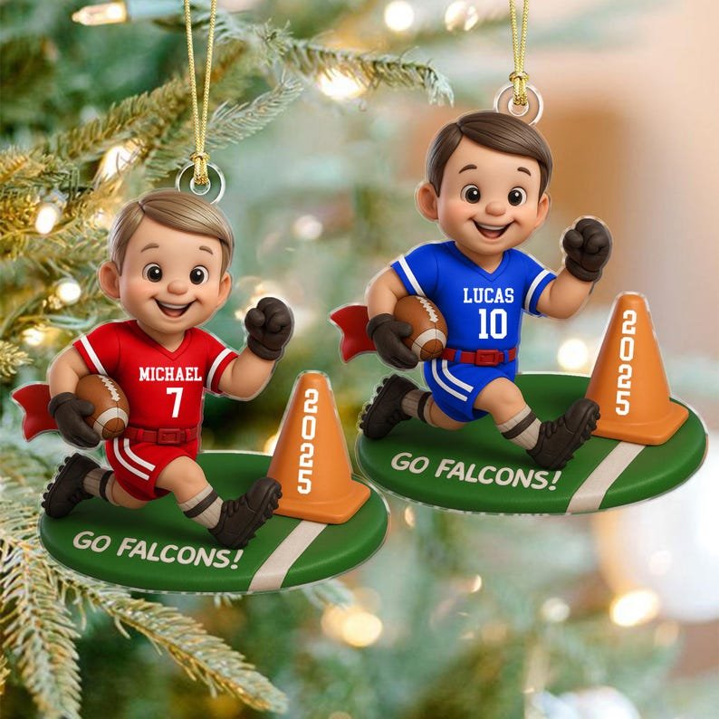 Personalized Brunette Boy Flag Football Ornament, 2025 Christmas Keepsake, Christmas Hanging Decor ACRYLICOR02