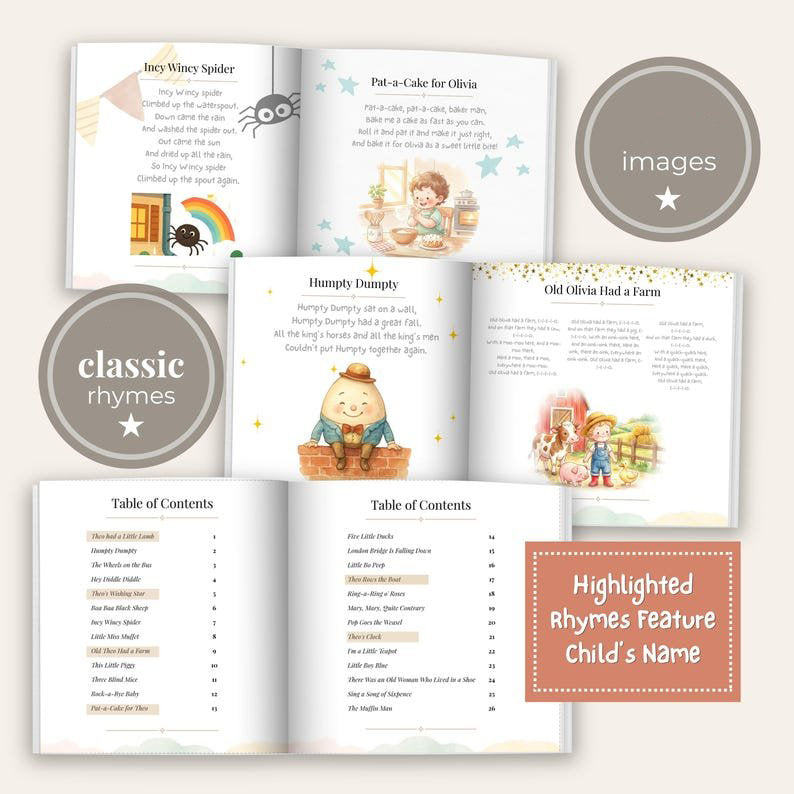 Personalized Nursery Rhymes Book, Custom Baby Name Storybook, Baby Shower Gift for Boy or Girl, First Birthday Gift Baby Keepsake PBOOK02