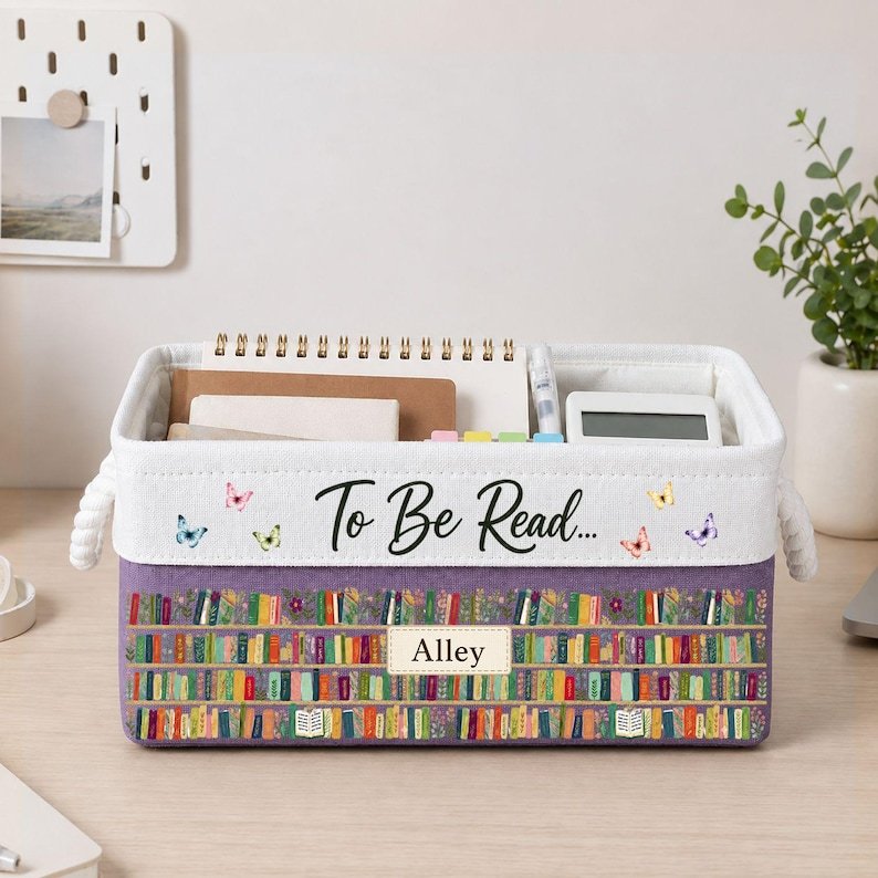 Personalized Book Storage Basket,  Sage Green Fabric Organizer with Woodland Animals and Rope Handles BBPETAL11