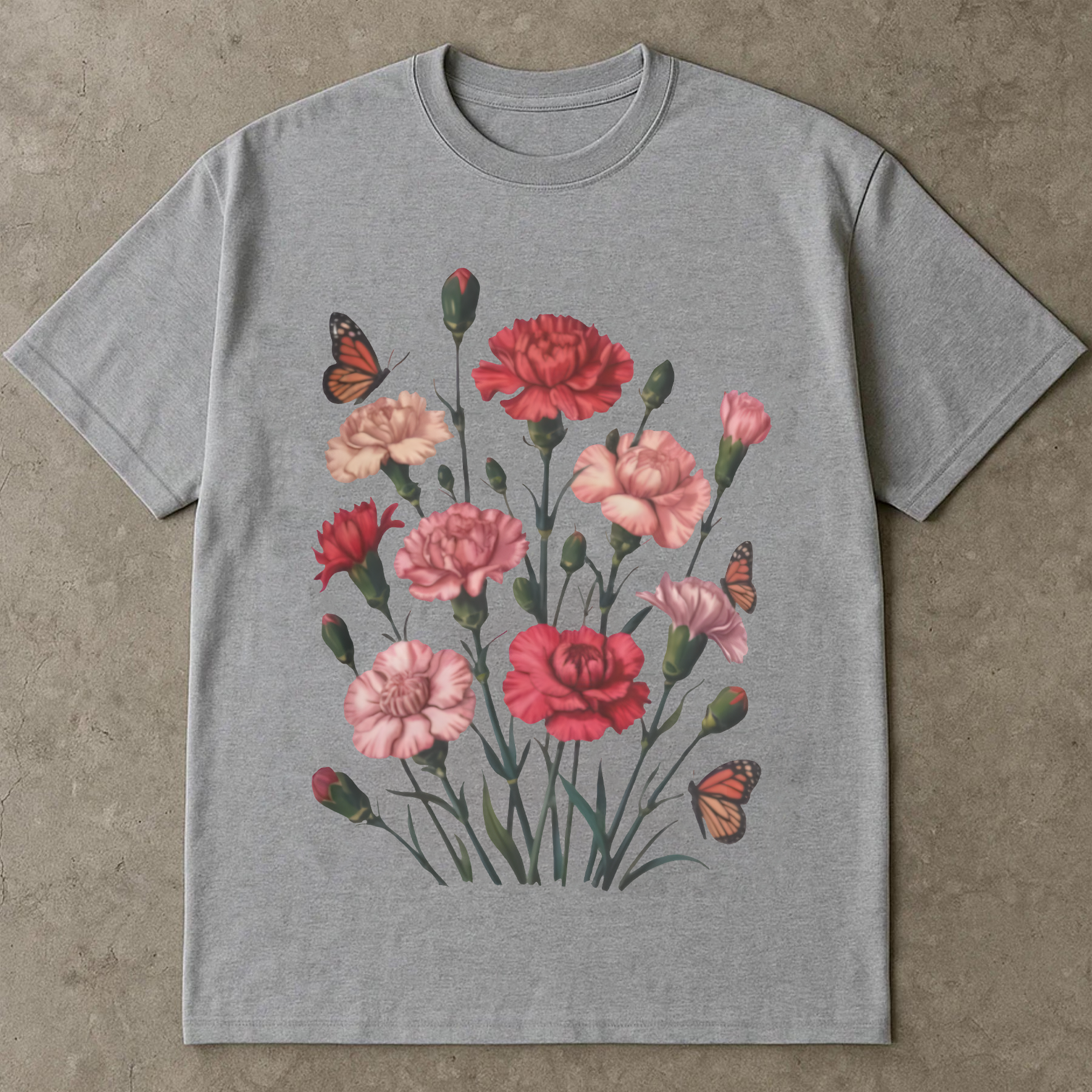 Carnation Flower Shirt, Floral Graphic Tee, Butterfly Carnation T-Shirt, Botanical Flower Lover Gift, Cute Garden Shirt