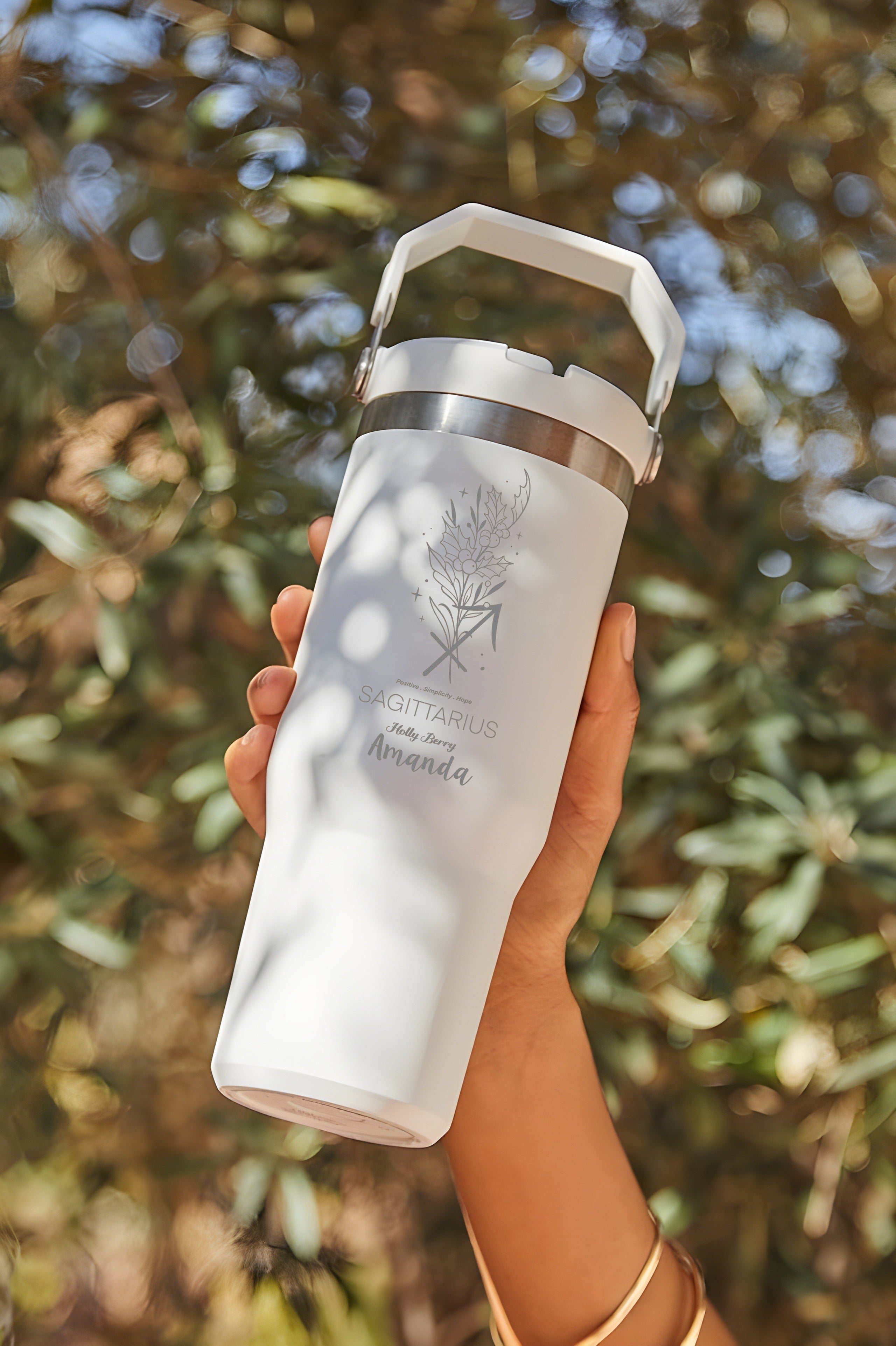 Personalized 40oz Tumbler with Handle, Zodiac Sign Birth Flower Cup, Custom Name Astrology Engraved Mug, Horoscope Floral Gift for Her