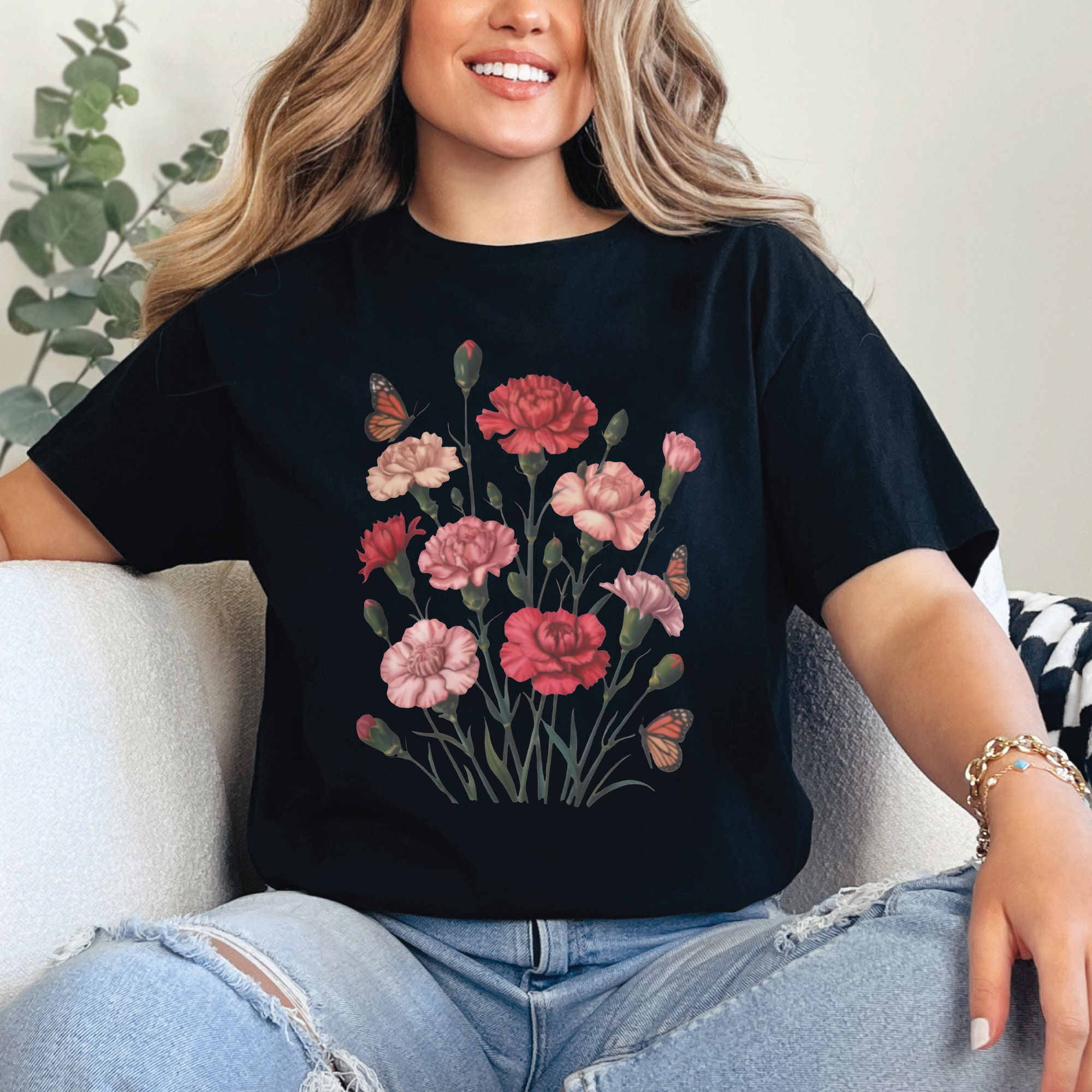 Carnation Flower Shirt, Floral Graphic Tee, Butterfly Carnation T-Shirt, Botanical Flower Lover Gift, Cute Garden Shirt