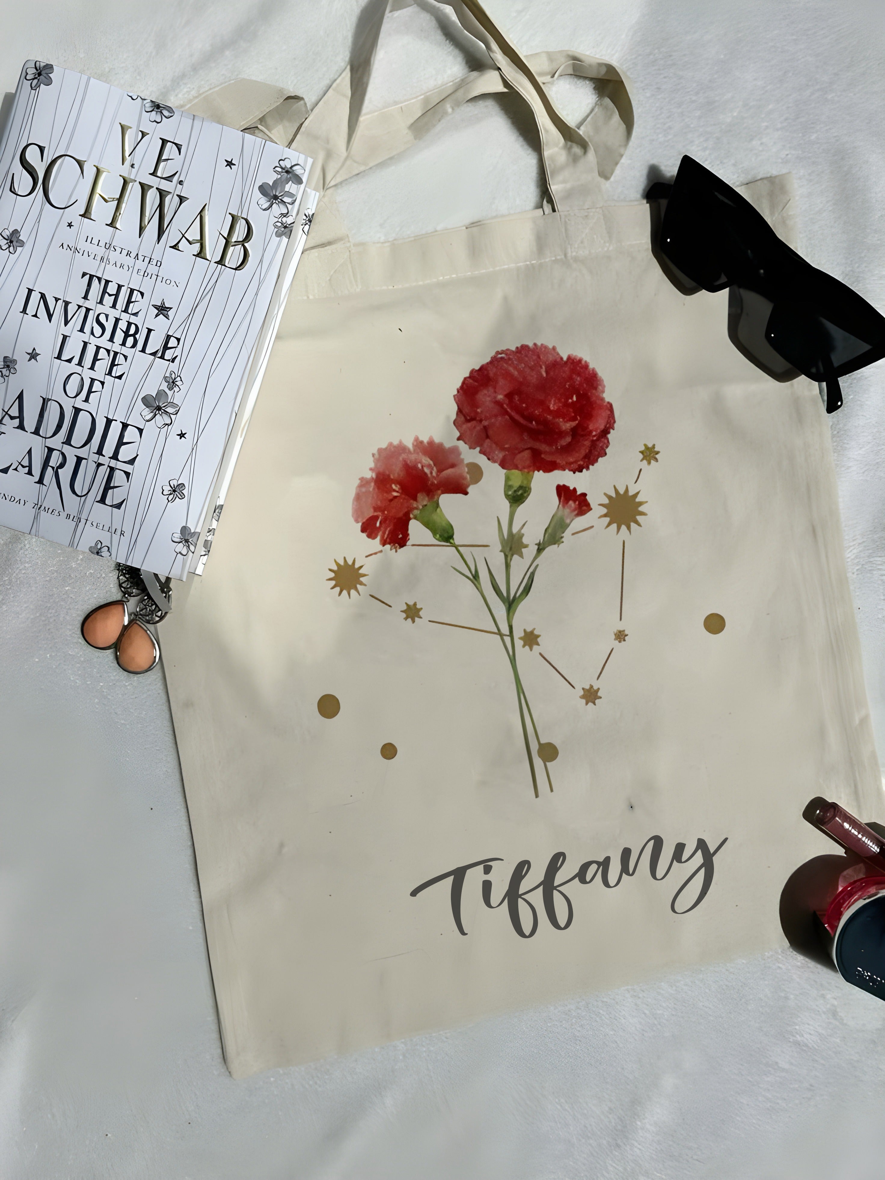 Personalized Birth Flower Zodiac Tote Bag – Custom Name Canvas Bag, Astrology Monthly Bloom Floral Shopper, Birthday Gift, Bridesmaid Gift