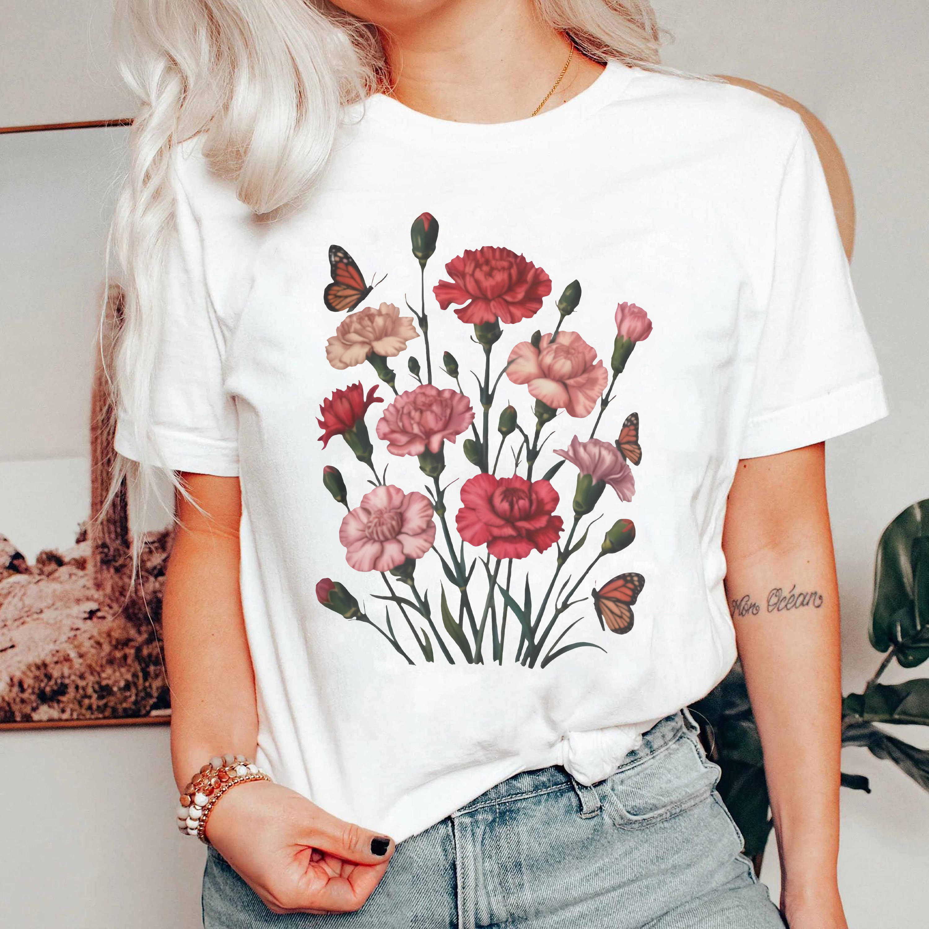 Carnation Flower Shirt, Floral Graphic Tee, Butterfly Carnation T-Shirt, Botanical Flower Lover Gift, Cute Garden Shirt