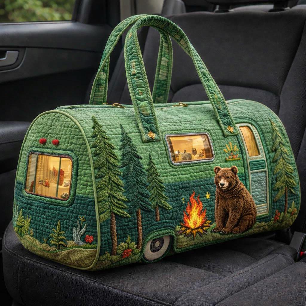 Quilted Look Camping Travel Bag, Wild Bear Forest Caravan Print Duffle Bag, Large Capacity Weekender Tote