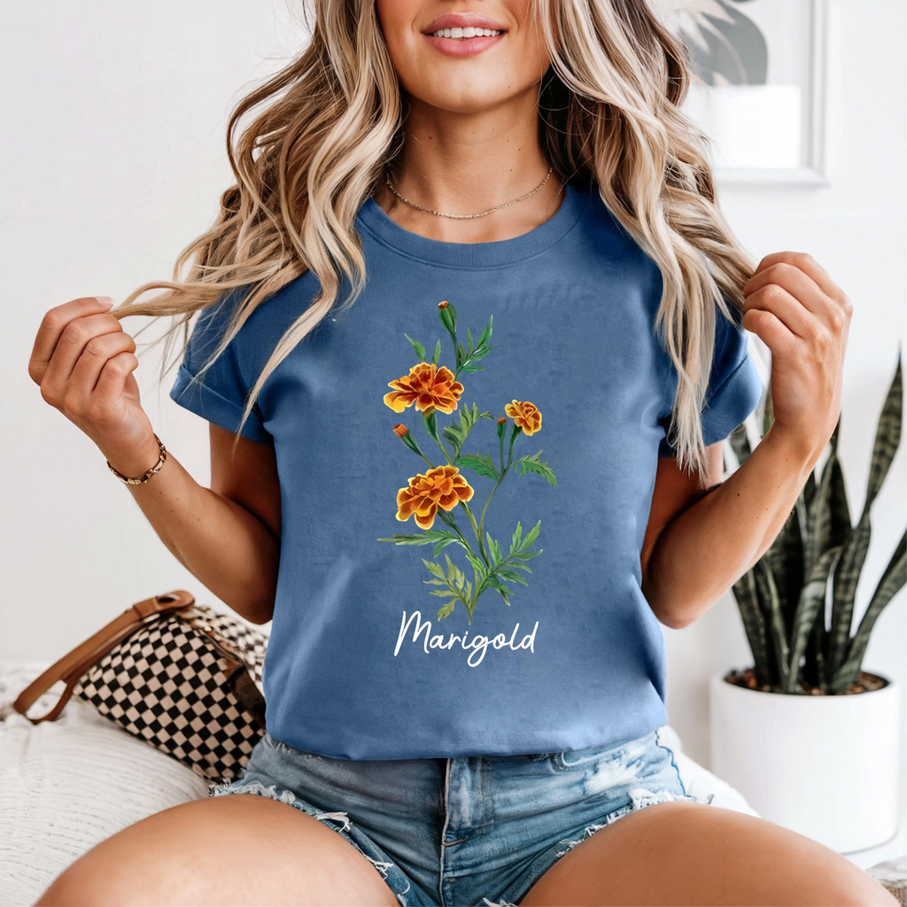 Marigold Flower Shirt, Vintage Botanical Graphic Tee, Floral Nature T-Shirt, Garden Lover Gift, Boho Plant Print Top