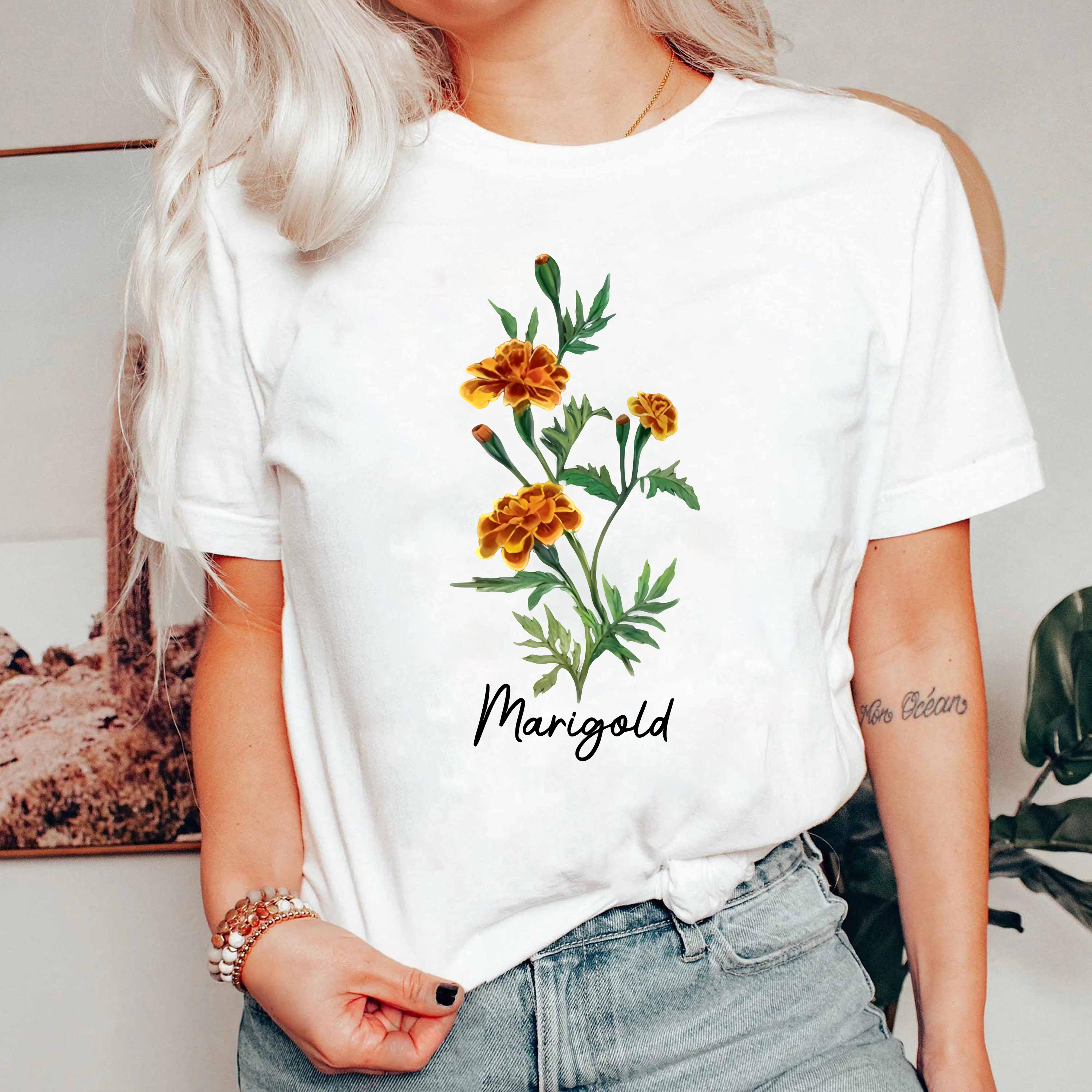 Marigold Flower Shirt, Vintage Botanical Graphic Tee, Floral Nature T-Shirt, Garden Lover Gift, Boho Plant Print Top