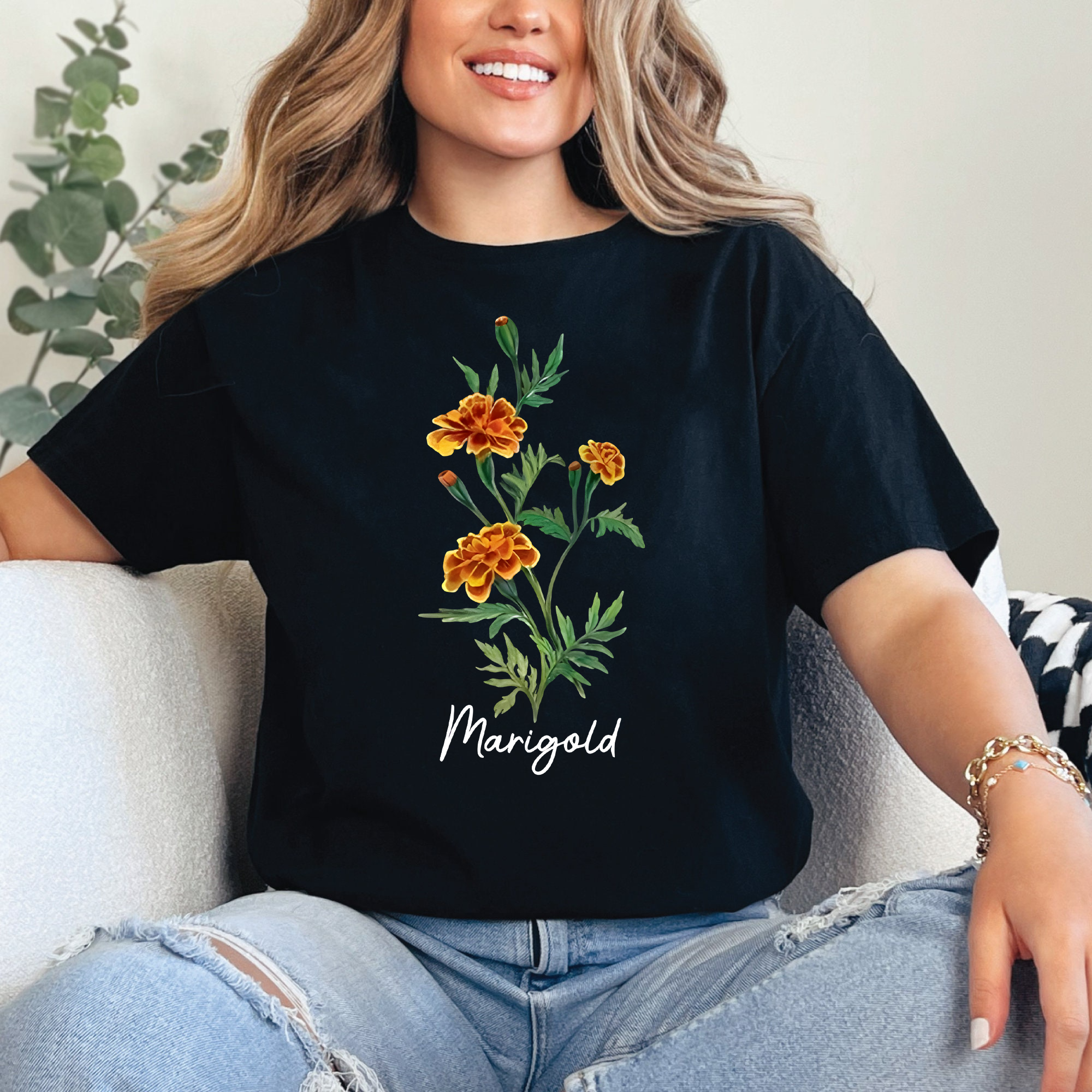 Marigold Flower Shirt, Vintage Botanical Graphic Tee, Floral Nature T-Shirt, Garden Lover Gift, Boho Plant Print Top