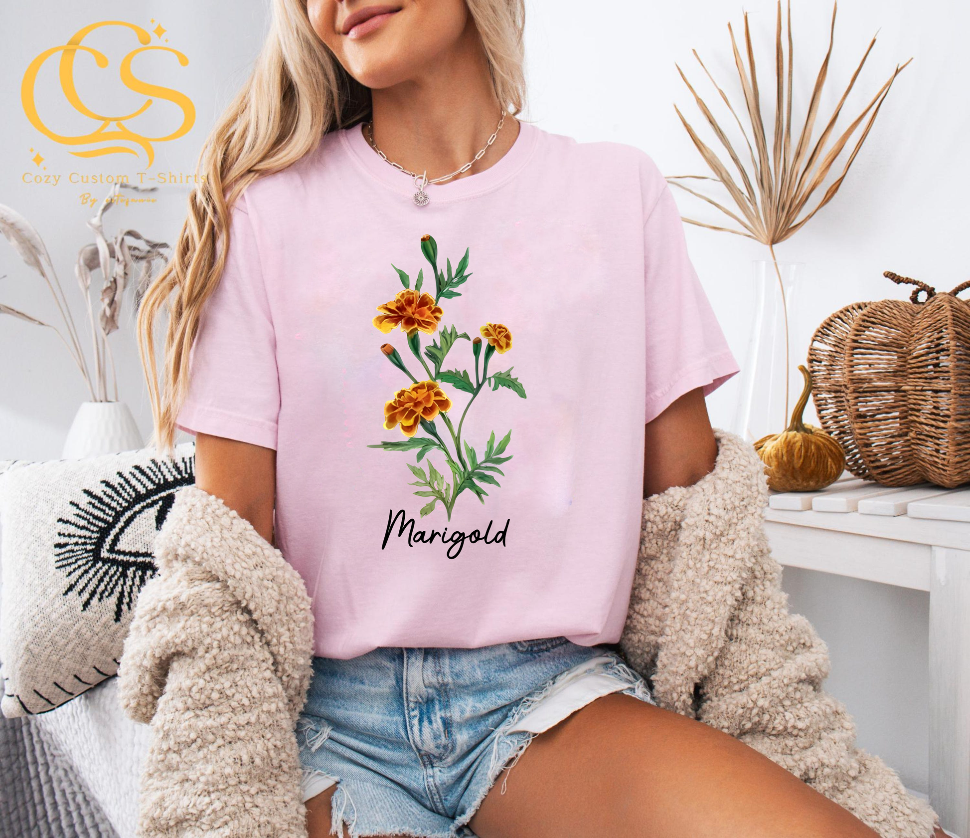 Marigold Flower Shirt, Vintage Botanical Graphic Tee, Floral Nature T-Shirt, Garden Lover Gift, Boho Plant Print Top