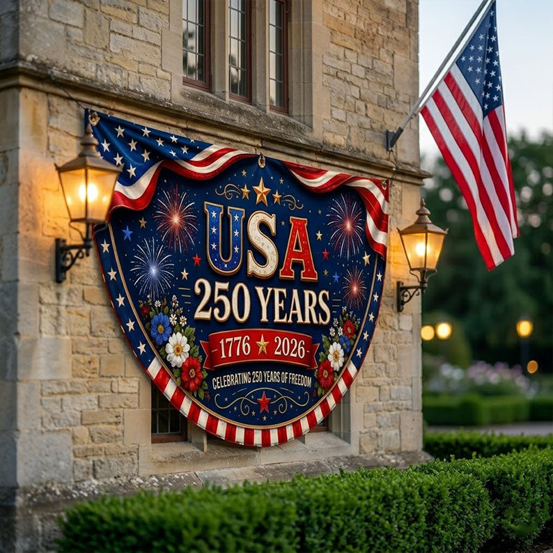USA 250th Anniversary Banner, America 250 Years Fan Flag, 1776-2026 Patriotic Porch Decor, Fourth of July Fence Banner. BPETAL01