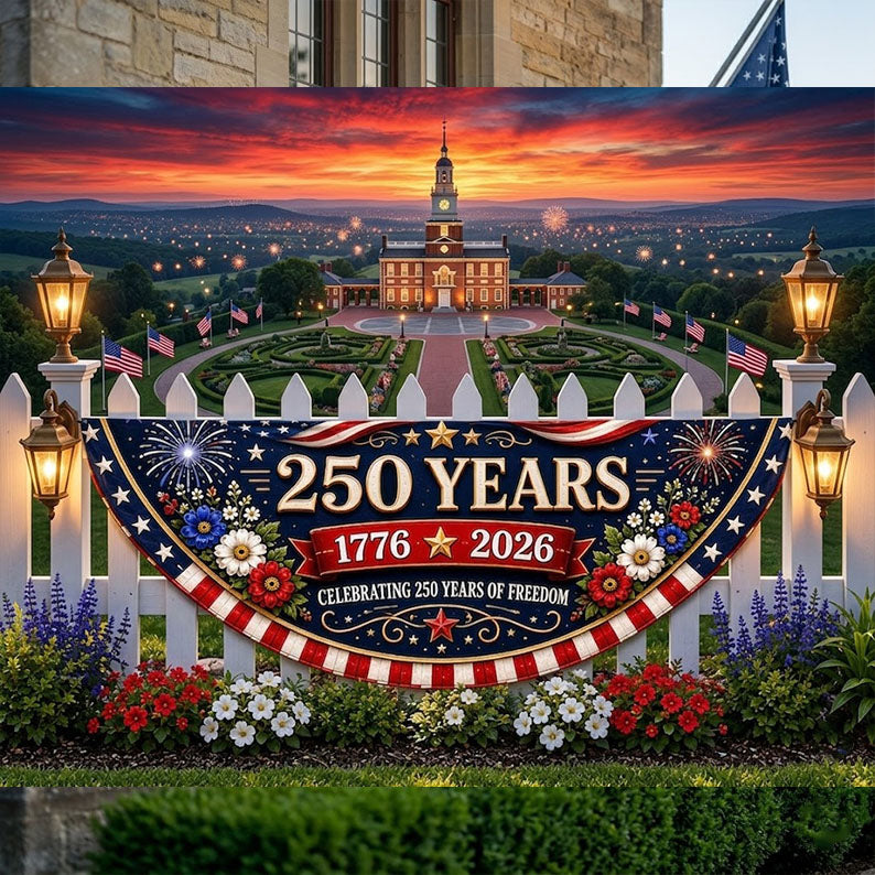 USA 250th Anniversary Banner, America 250 Years Fan Flag, 1776-2026 Patriotic Porch Decor, Fourth of July Fence Banner. BPETAL01
