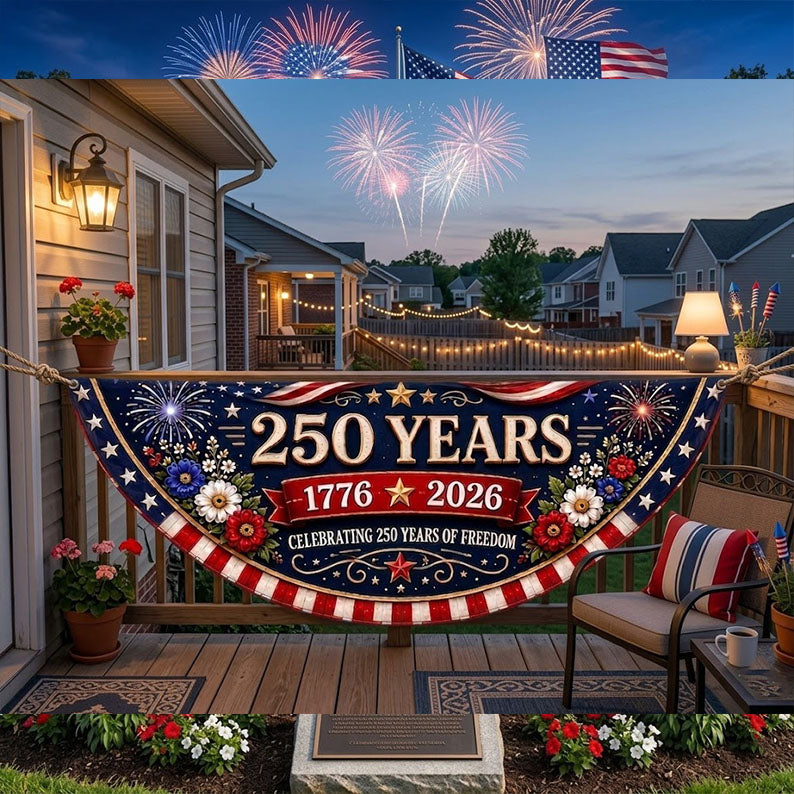 USA 250th Anniversary Banner, America 250 Years Fan Flag, 1776-2026 Patriotic Porch Decor, Fourth of July Fence Banner. BPETAL01