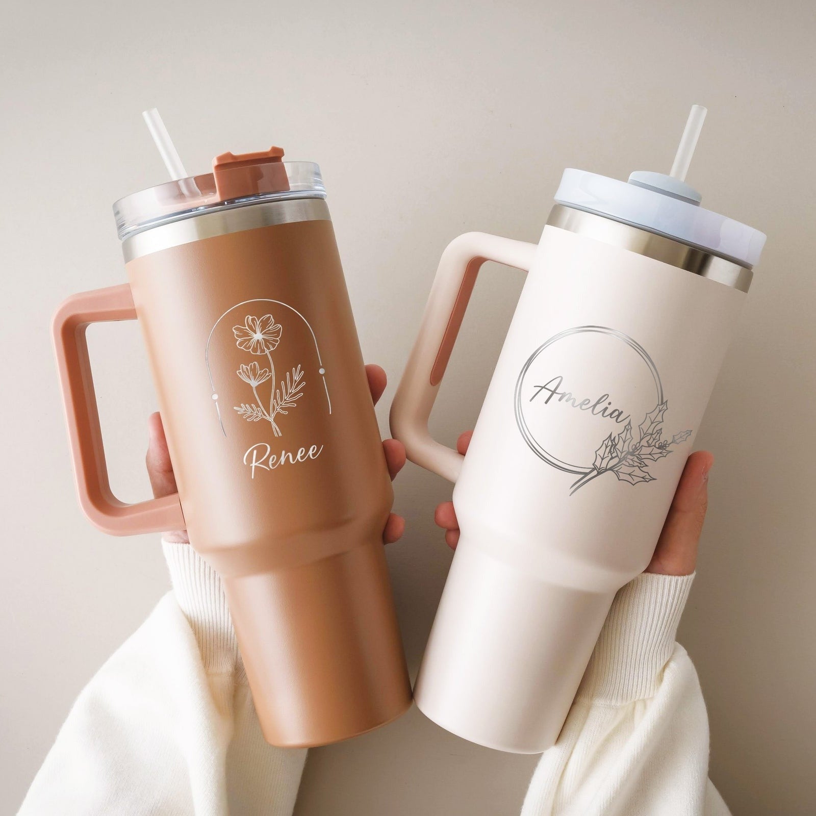 Personalized Birth Flowers With Name Tumbler 40oz, Stainless Steel Tumblers With Straw Handle, Custom Birth Month Flowers Cup, Birthday Gift