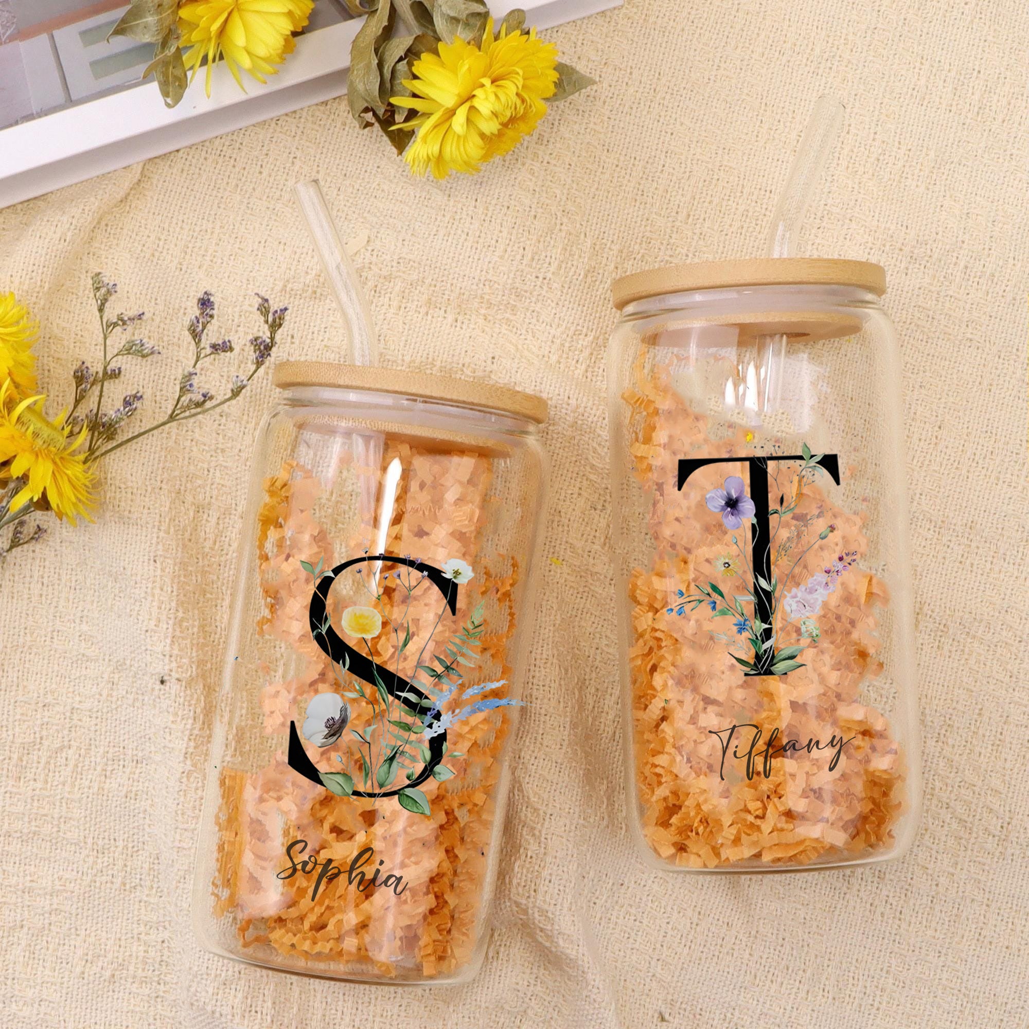 Personalized Flower Alphabet Glass Cup with Bamboo Lid and Straw, Custom Initial and Name Iced Coffee Tumbler, Floral Monogram Gift for Her