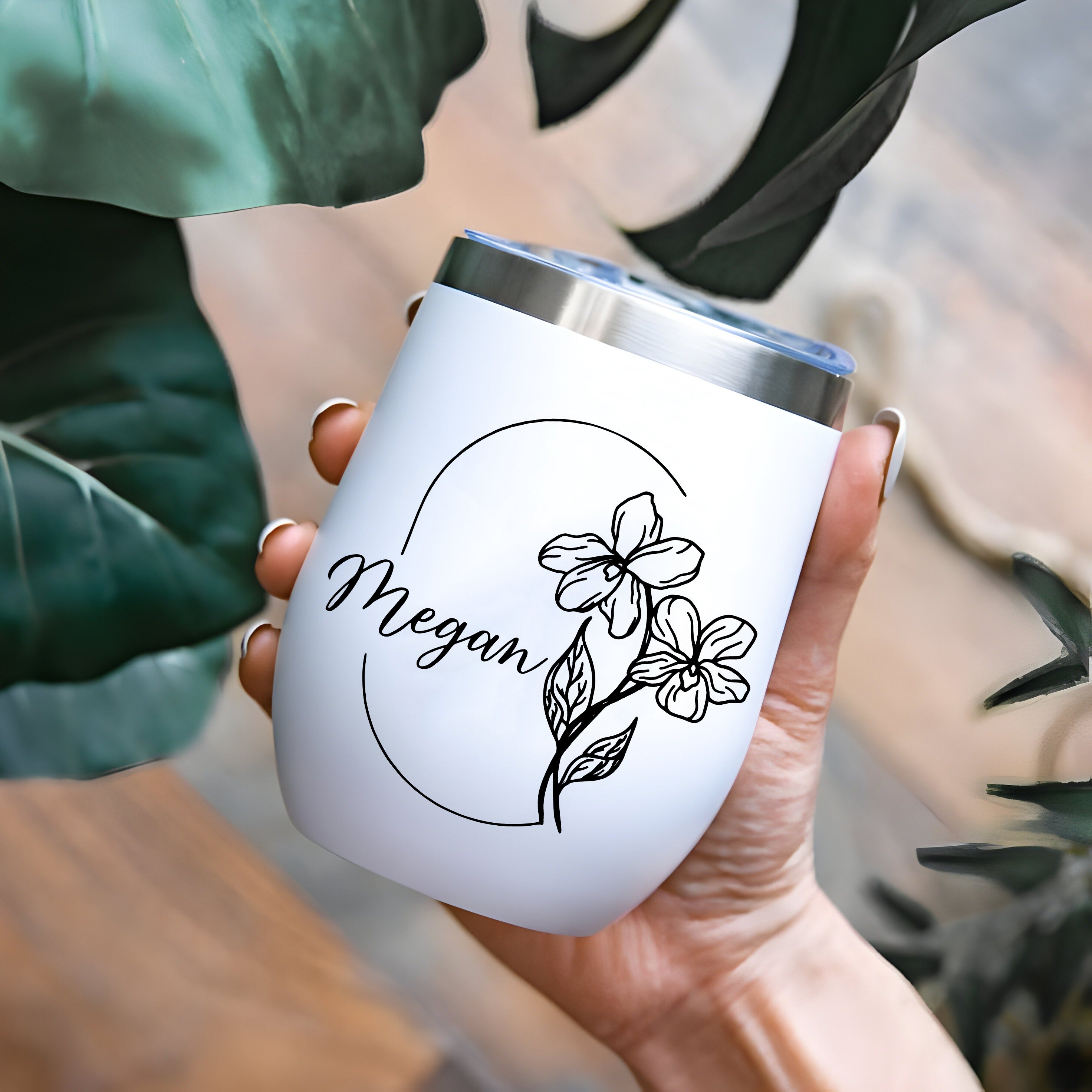 Personalized Birth Flowers With Name Edged Wine Tumbler 12oz, Custom Birth Month Flowers Cup, Birthday Gift