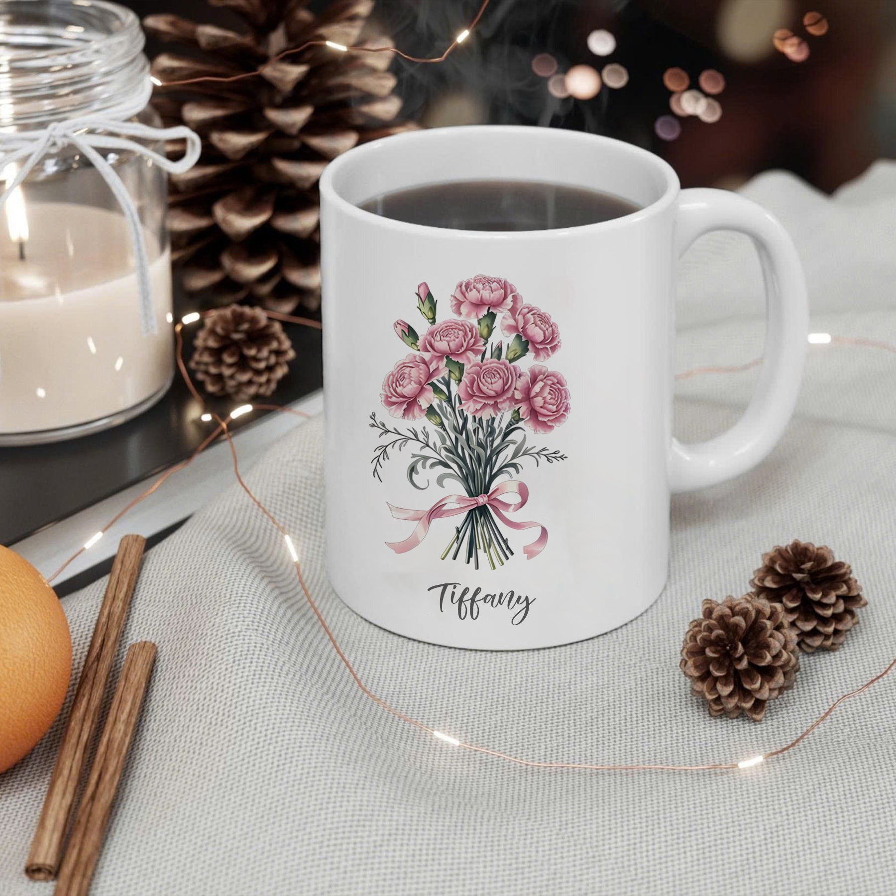 Personalized Birth Flower Mug, Custom Name Coffee Cup with Floral Bouquet Design, Birthday Month Flower Gift for Her, Bridesmaid, or Mother’s Day