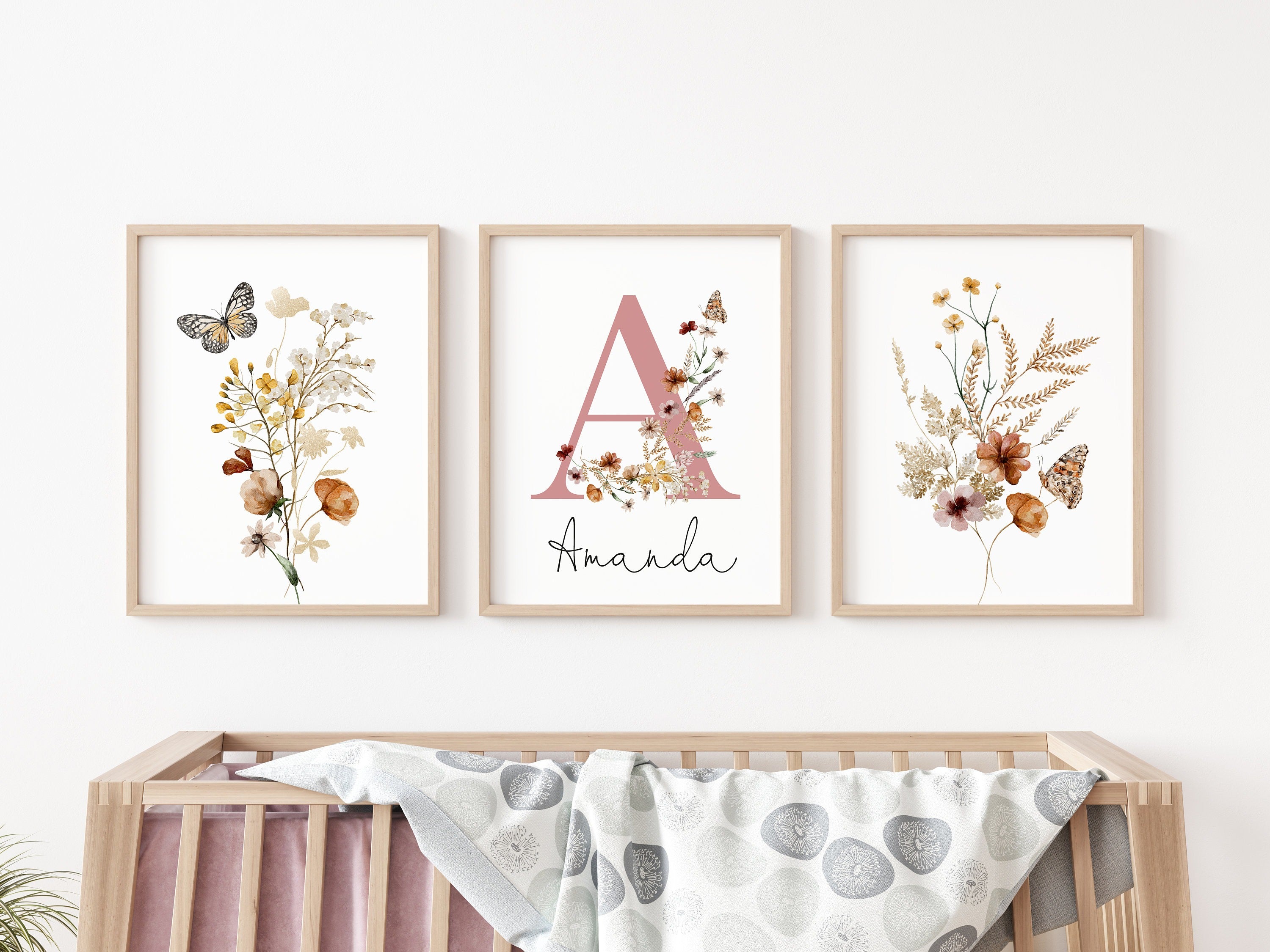 Custom Wildflowers Prints, Floral Nursery Wall Art, Boho Baby Girl Nursery Decor, Watercolor Flowers Set Of 3, Personalised Name - Initial