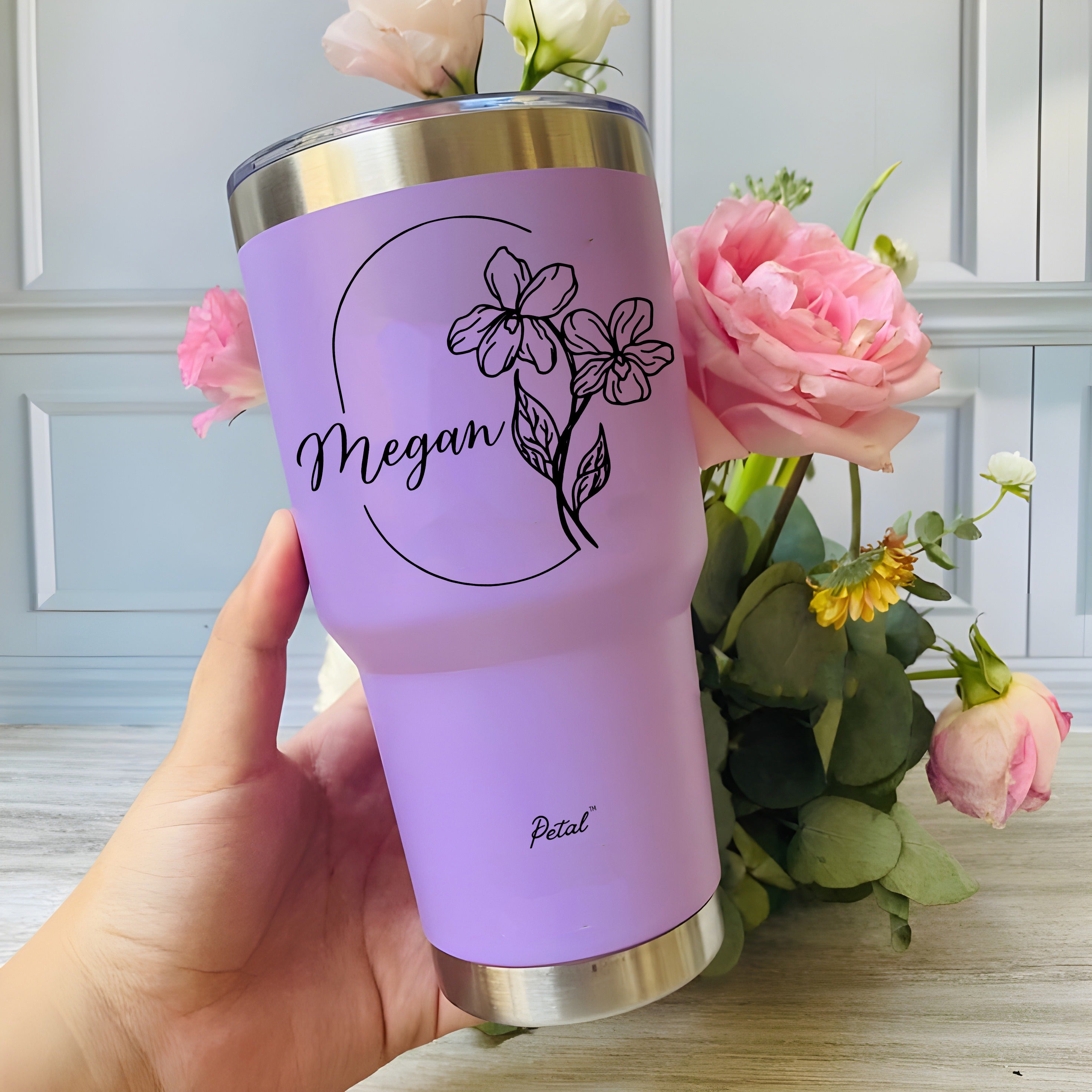 Personalized Birth Flowers With Name Step Tumbler 30oz, Stainless Steel Tumblers With Straw Handle, Custom Birth Month Flowers Cup, Birthday Gift