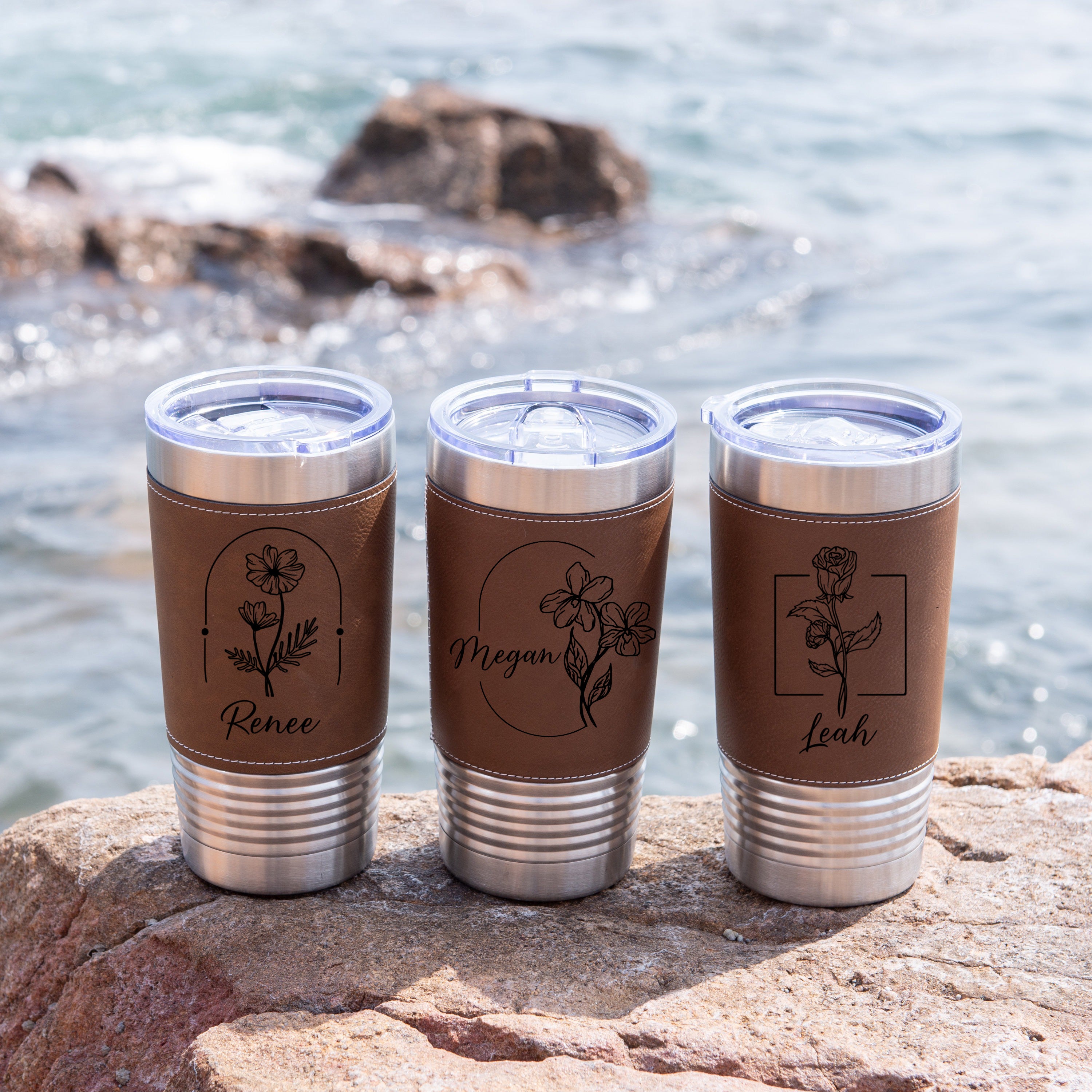 Personalized Birth Flowers With Name Leather Tumbler 20oz, Bridesmaid Gift, Custom Name Travel Cup, Birthday Gift, Gift For Her Mother