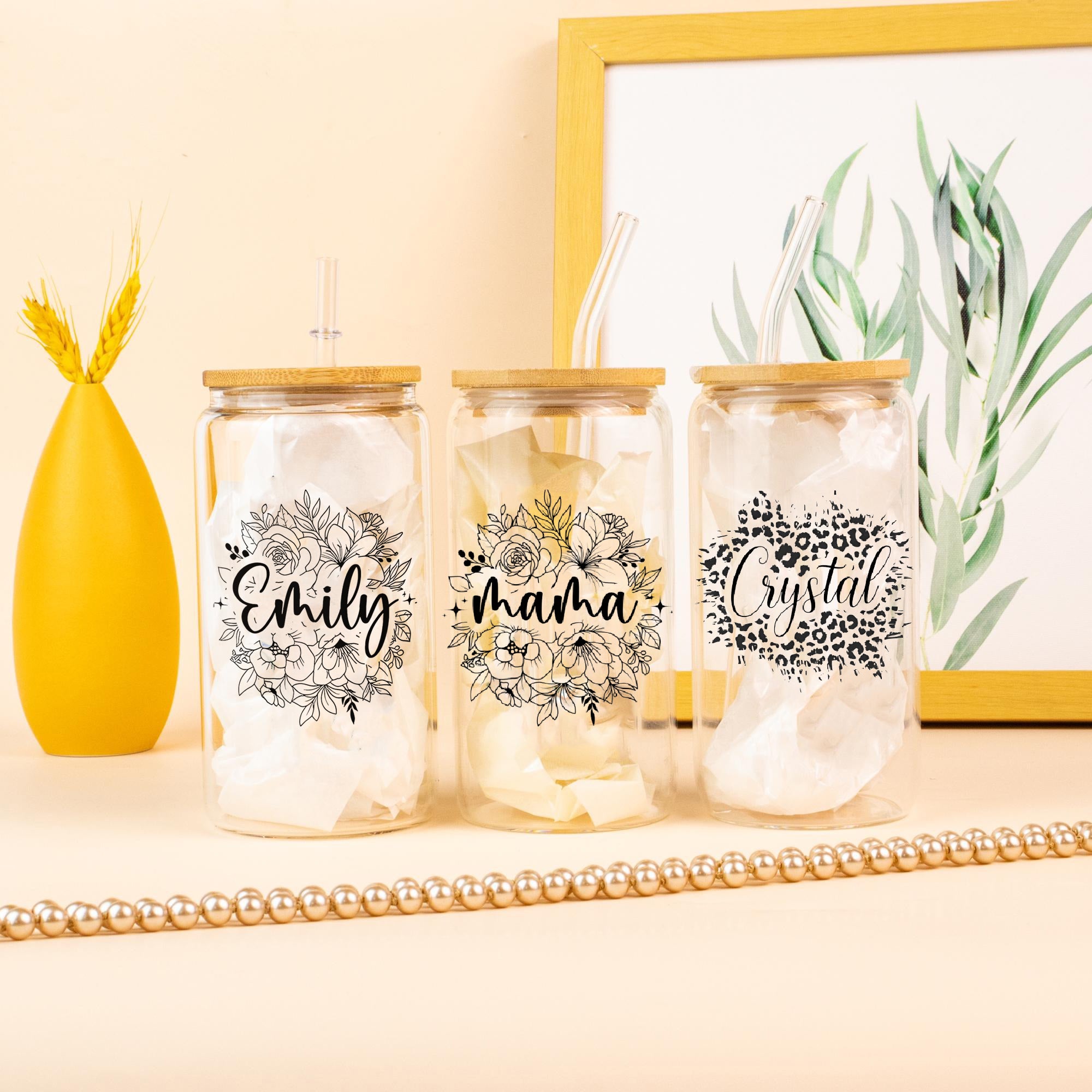 Personalized Flowers With Name Glass Can, Floral Tumbler with Lid and Straw, Birth Flower Glass Coffee Cup, Mother's Day Gifts for Her, Bridesmaid Proposal, Party Favor