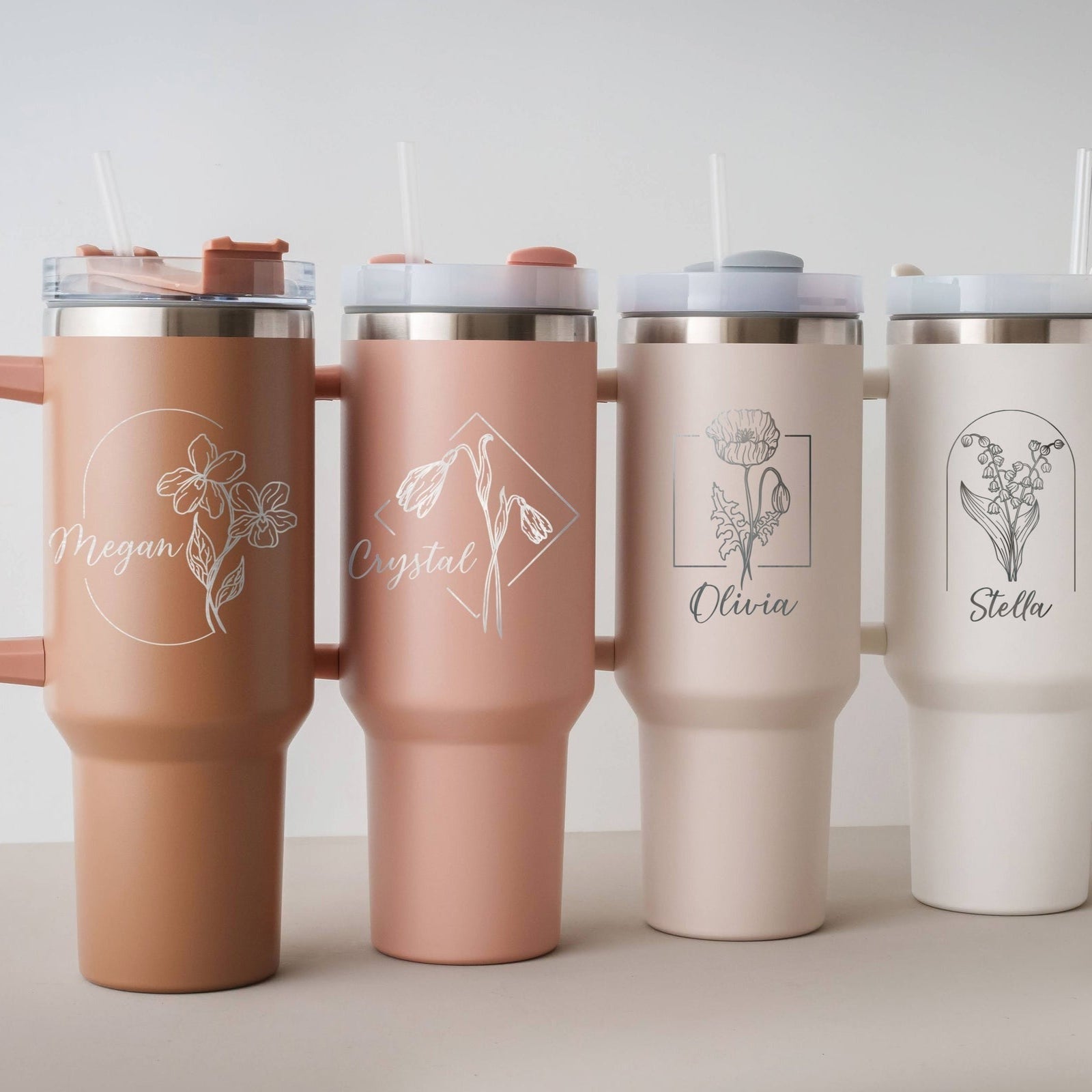 Personalized Birth Flowers With Name Tumbler 40oz, Stainless Steel Tumblers With Straw Handle, Custom Birth Month Flowers Cup, Birthday Gift