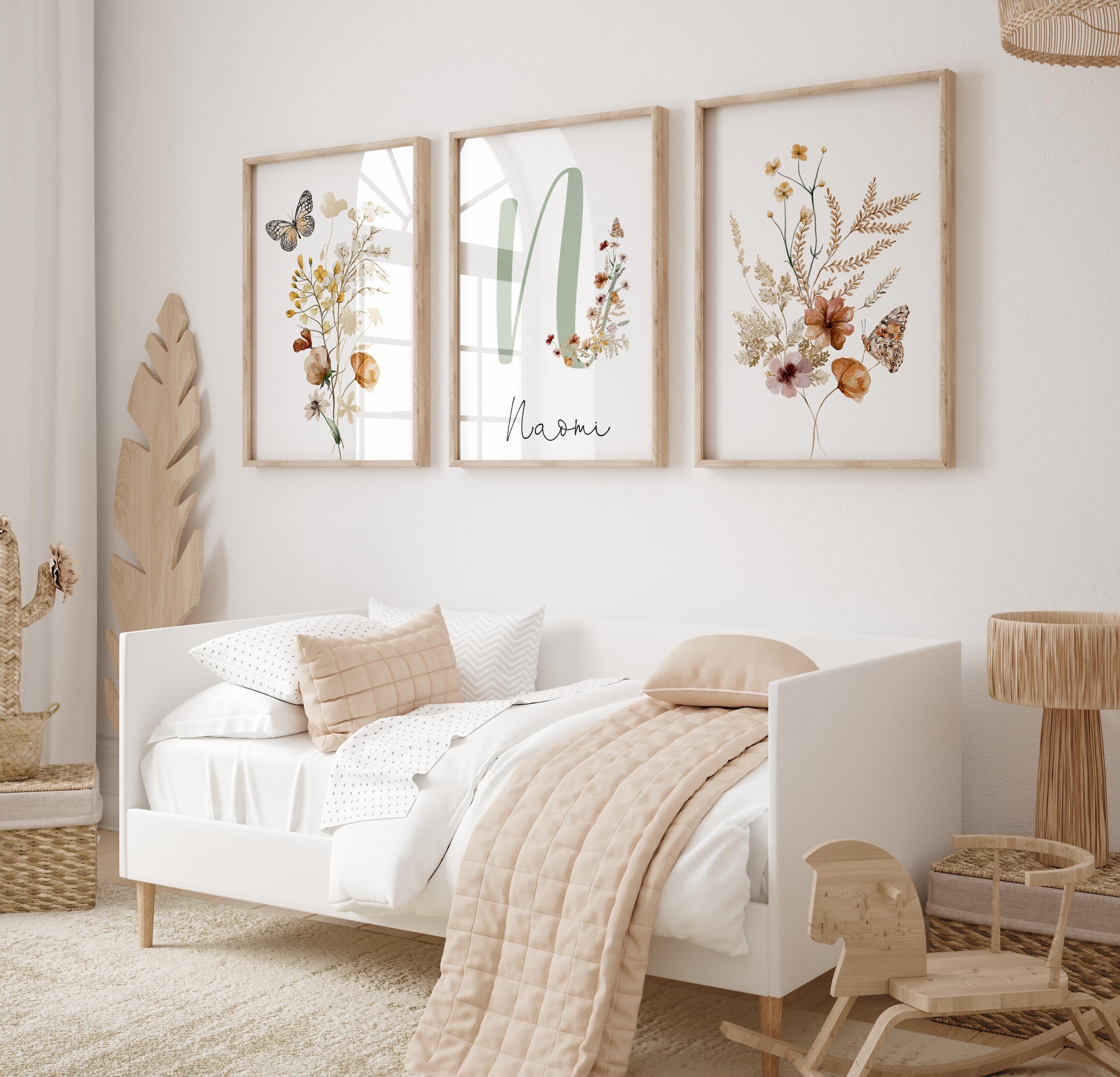 Custom Wildflowers Prints, Floral Nursery Wall Art, Boho Baby Girl Nursery Decor, Watercolor Flowers Set Of 3, Personalised Name - Initial