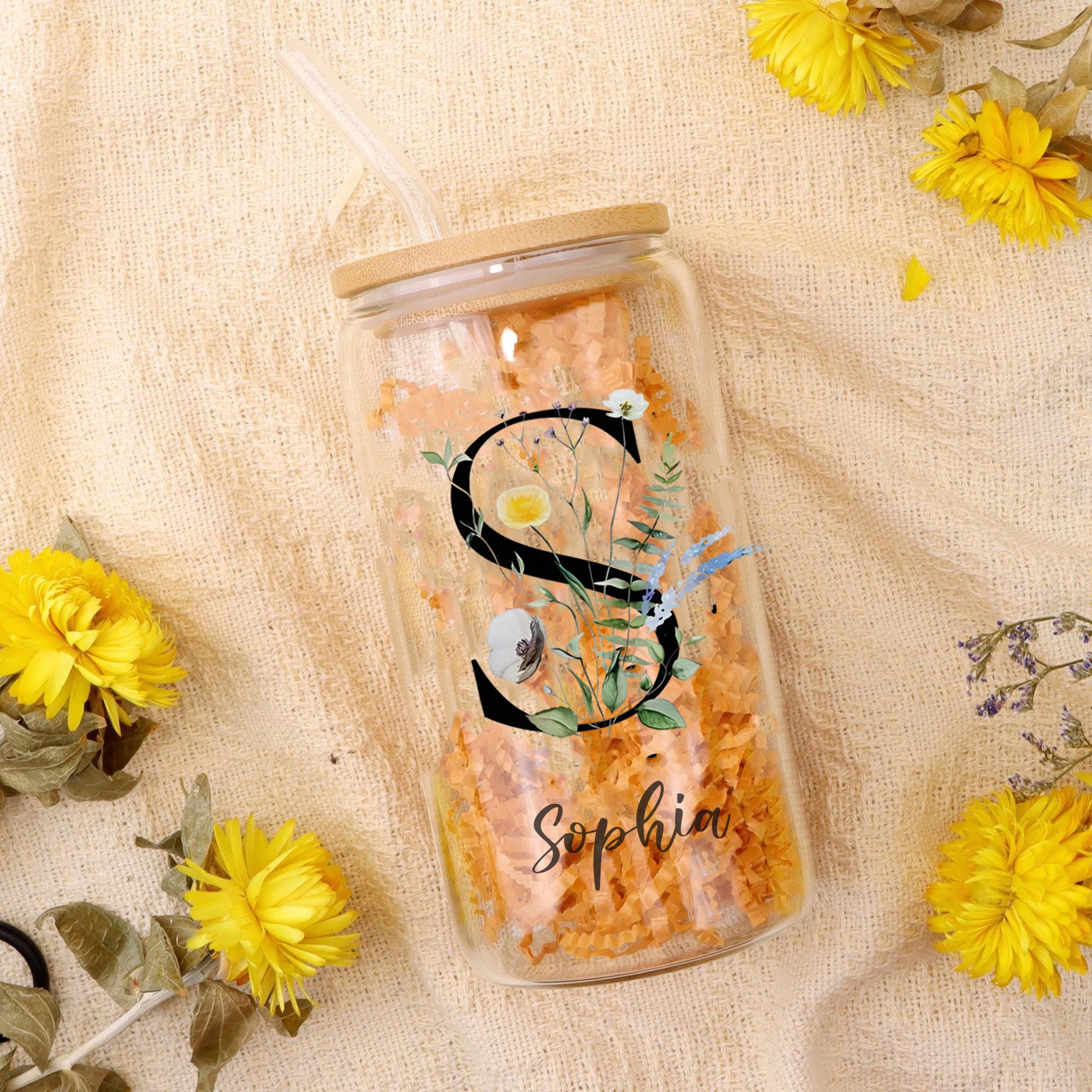 Personalized Flower Alphabet Glass Cup with Bamboo Lid and Straw, Custom Initial and Name Iced Coffee Tumbler, Floral Monogram Gift for Her