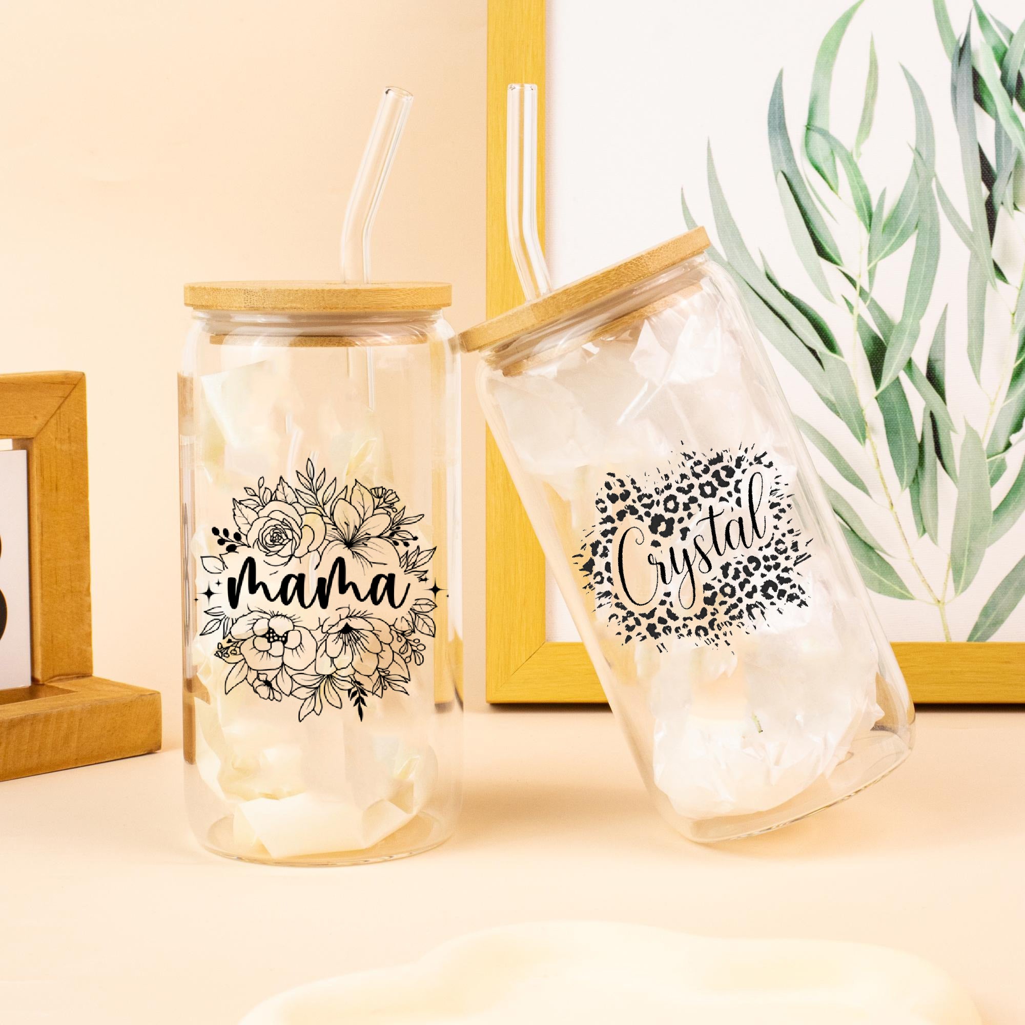 Personalized Flowers With Name Glass Can, Floral Tumbler with Lid and Straw, Birth Flower Glass Coffee Cup, Mother's Day Gifts for Her, Bridesmaid Proposal, Party Favor