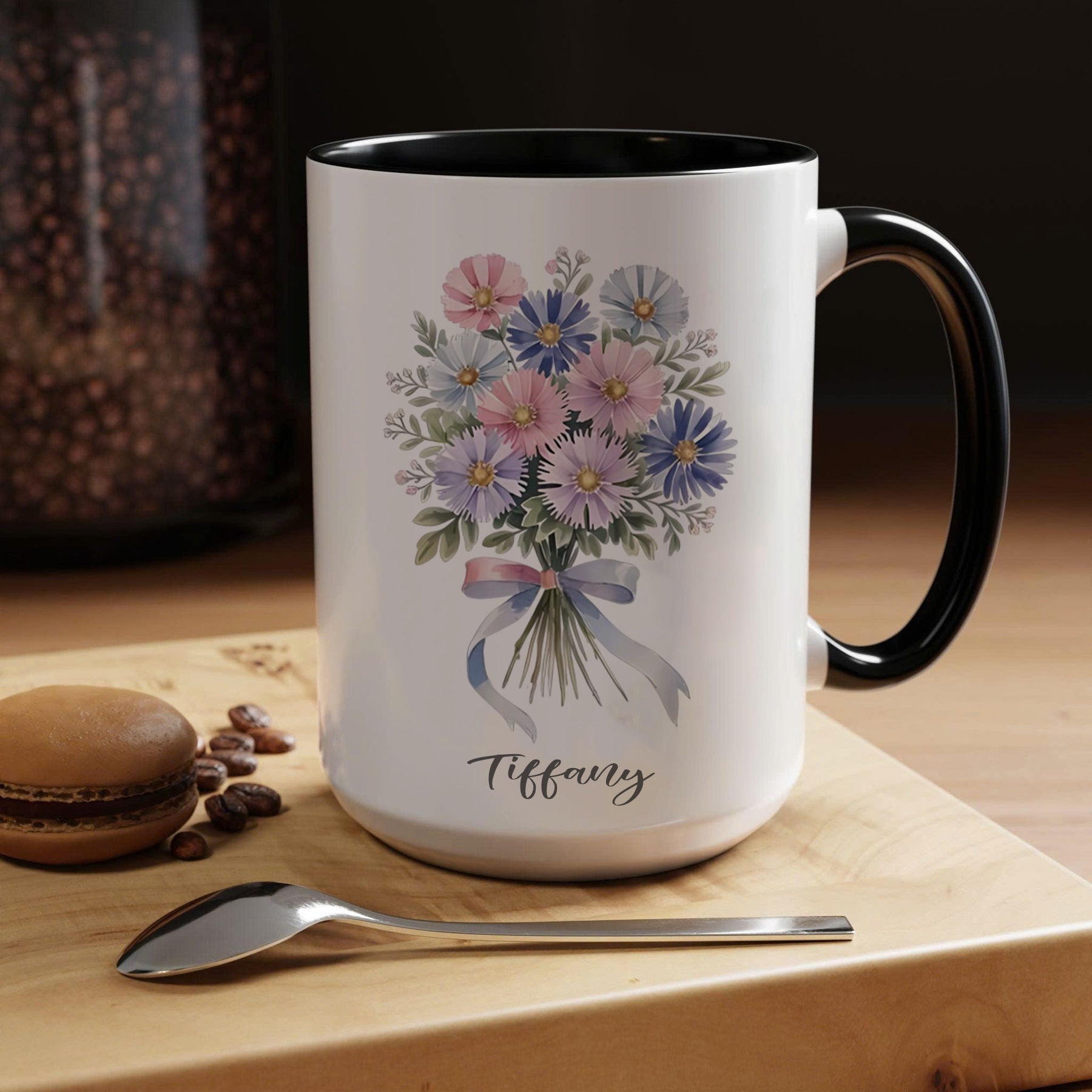 Personalized Birth Flower Mug, Custom Name Coffee Cup with Floral Bouquet Design, Birthday Month Flower Gift for Her, Bridesmaid, or Mother’s Day