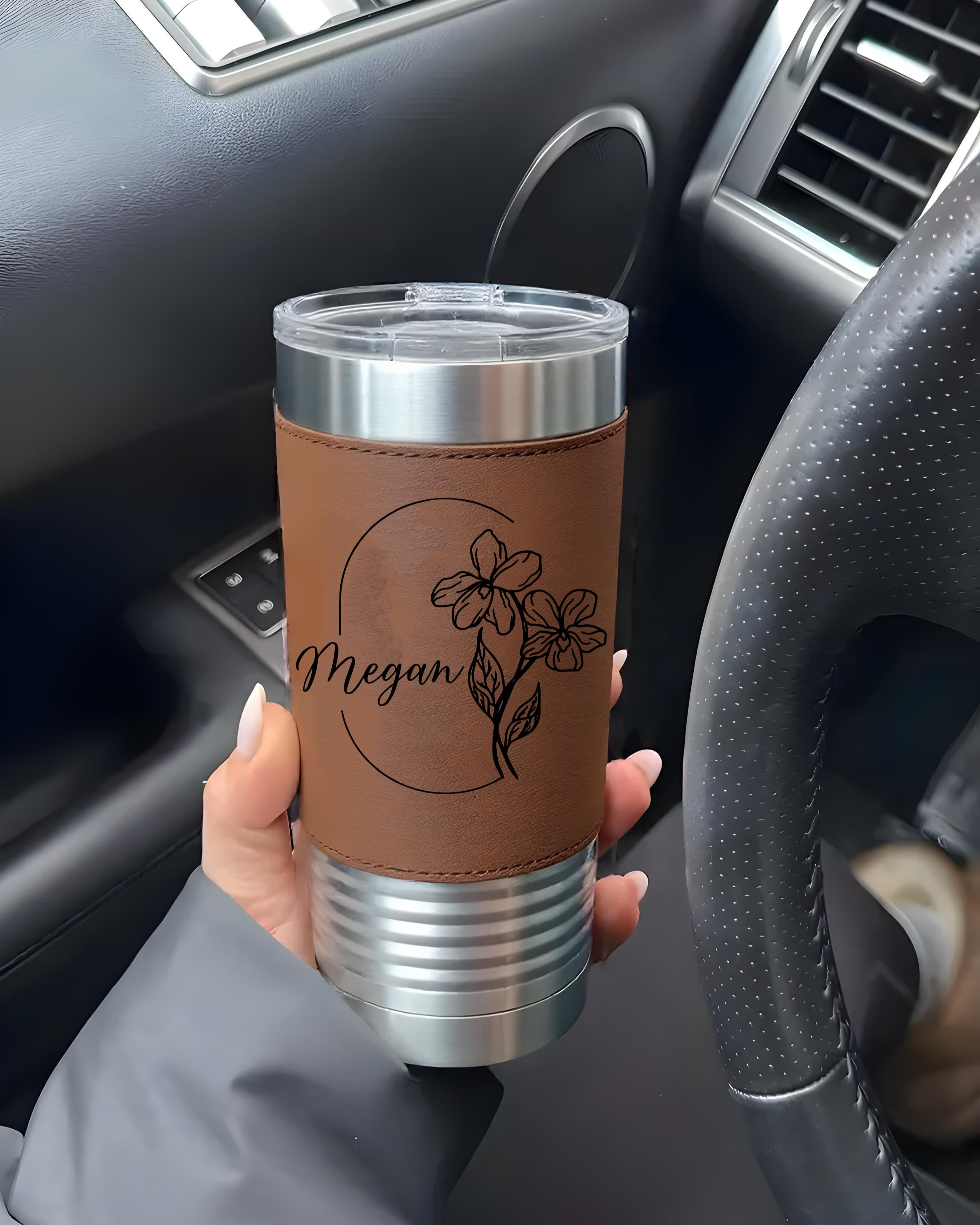 Personalized Birth Flowers With Name Leather Tumbler 20oz, Bridesmaid Gift, Custom Name Travel Cup, Birthday Gift, Gift For Her Mother