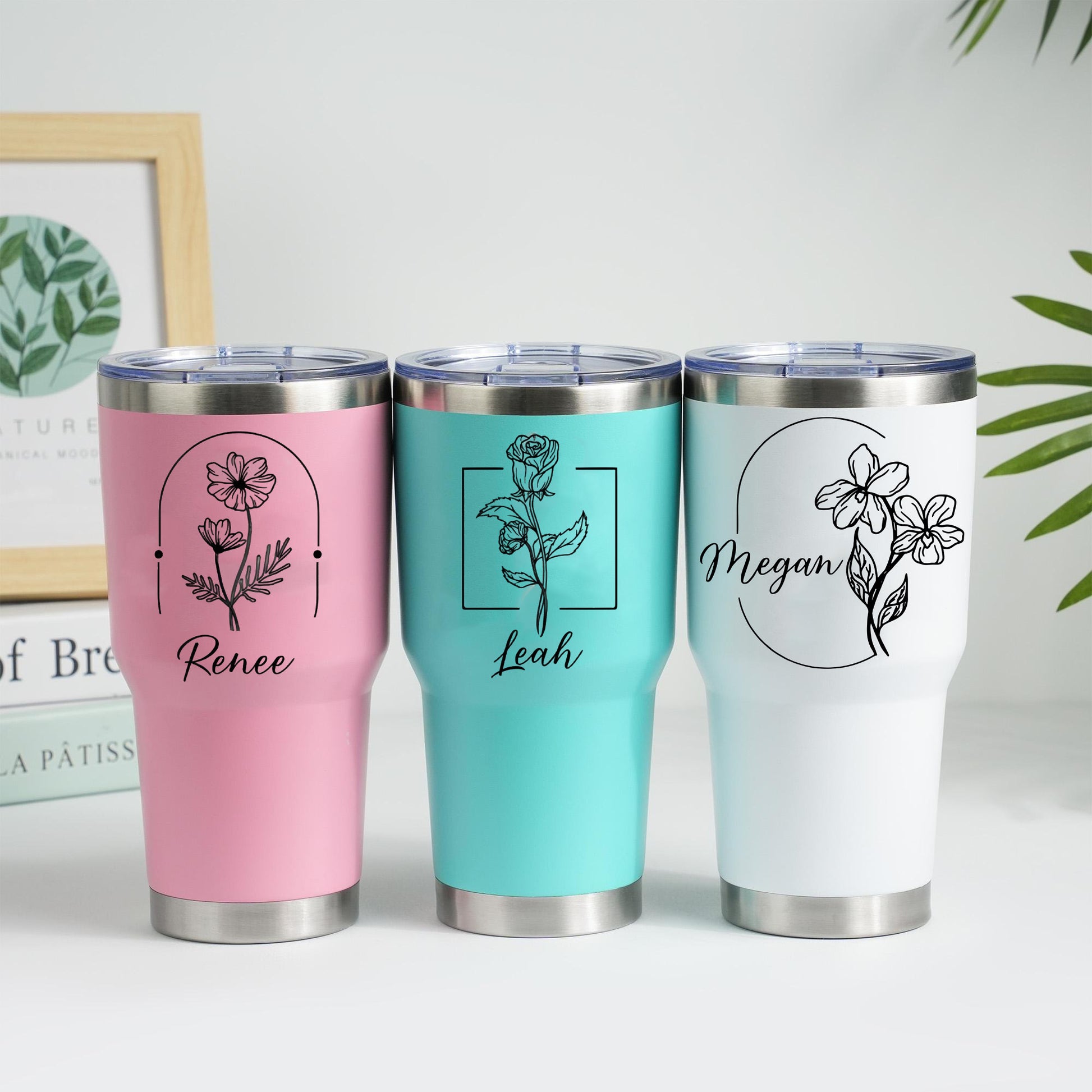 Personalized Birth Flowers With Name Step Tumbler 30oz, Stainless Steel Tumblers With Straw Handle, Custom Birth Month Flowers Cup, Birthday Gift
