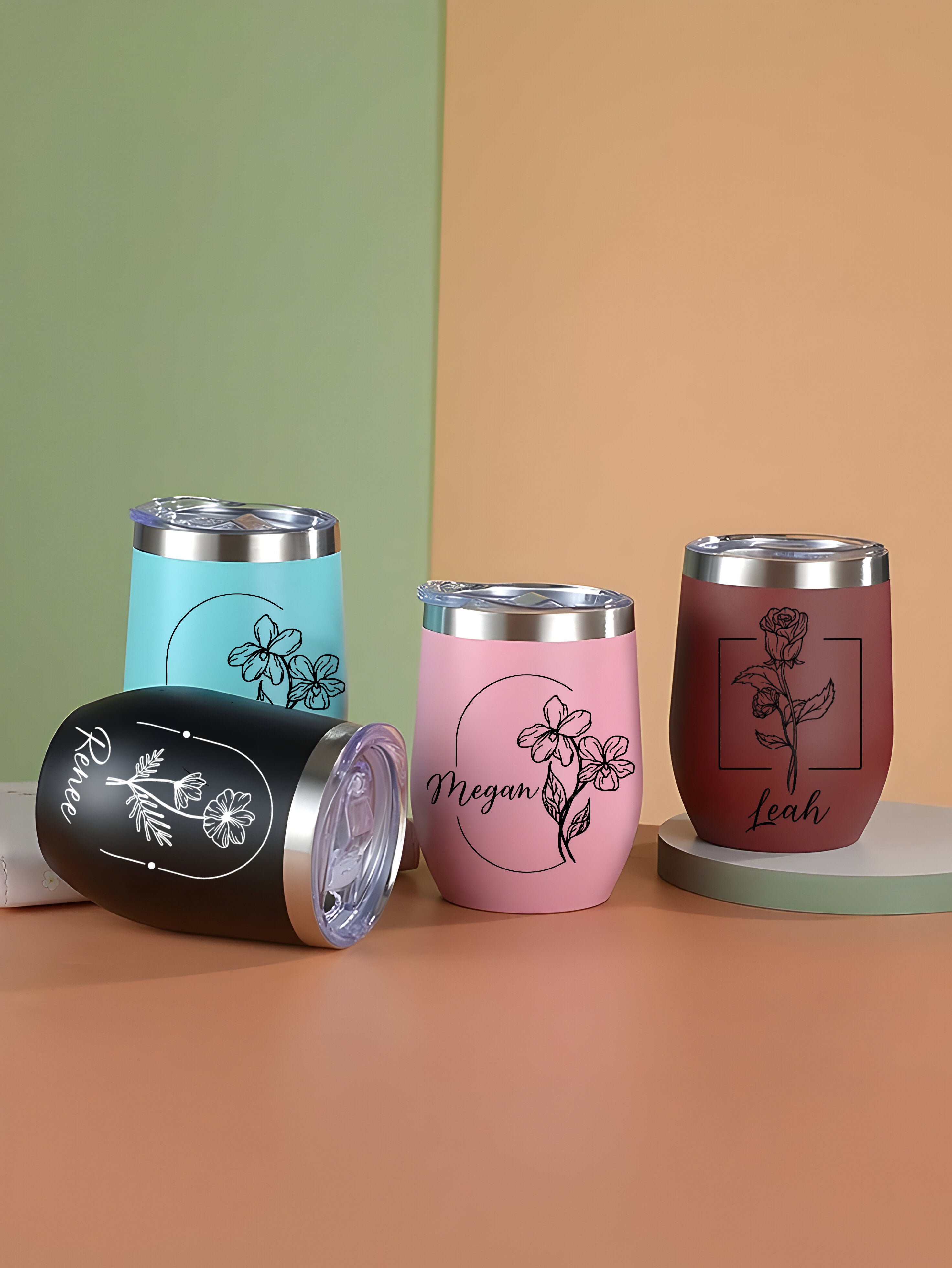 Personalized Birth Flowers With Name Edged Wine Tumbler 12oz, Custom Birth Month Flowers Cup, Birthday Gift