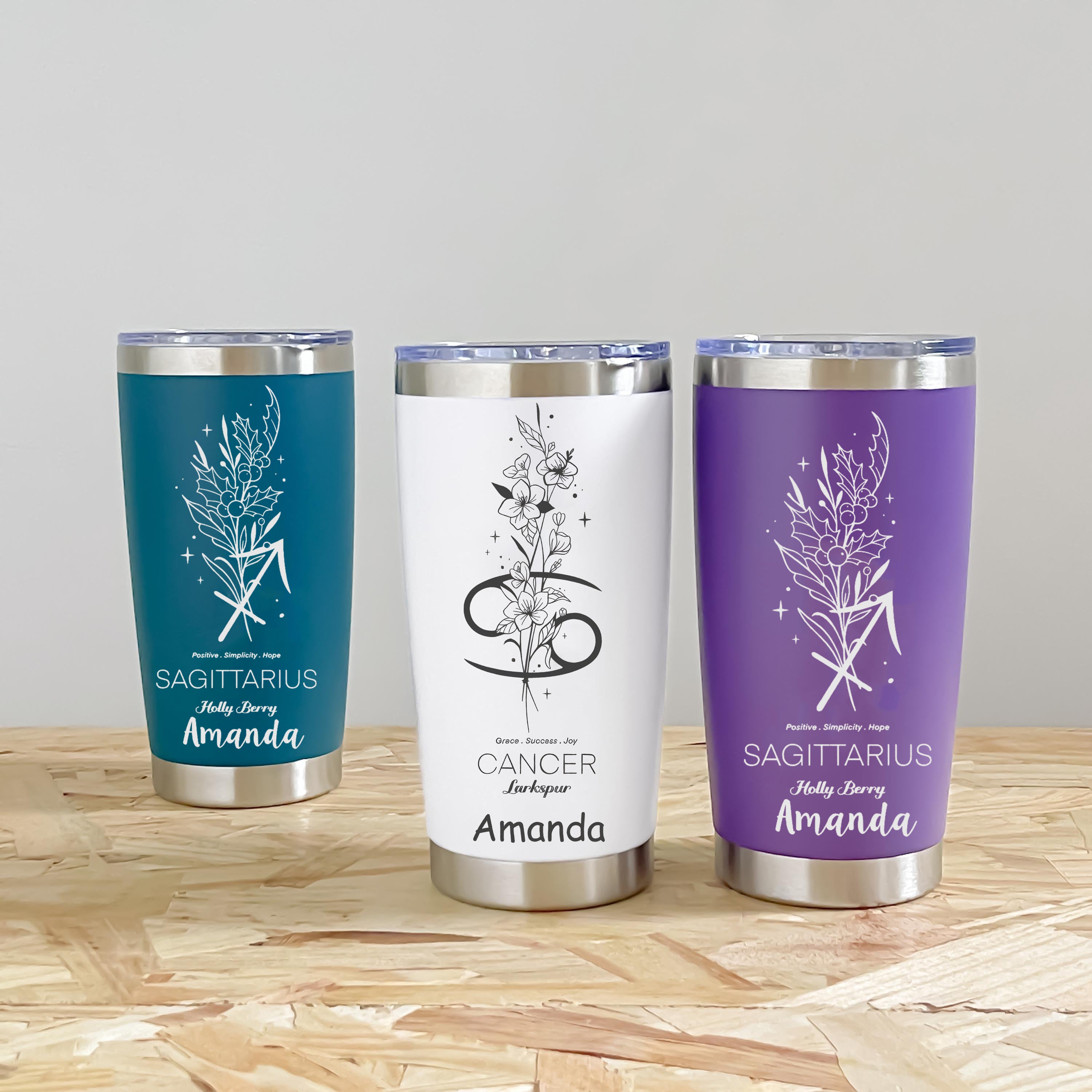 Personalized Zodiac Birth Flower Tumbler, Custom Stainless Steel Travel Mug with Name, Astrology Sign & Floral Birthday Gift