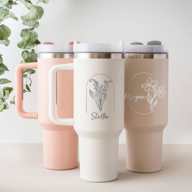 Personalized Birth Flowers With Name Tumbler 40oz, Stainless Steel Tumblers With Straw Handle, Custom Birth Month Flowers Cup, Birthday Gift