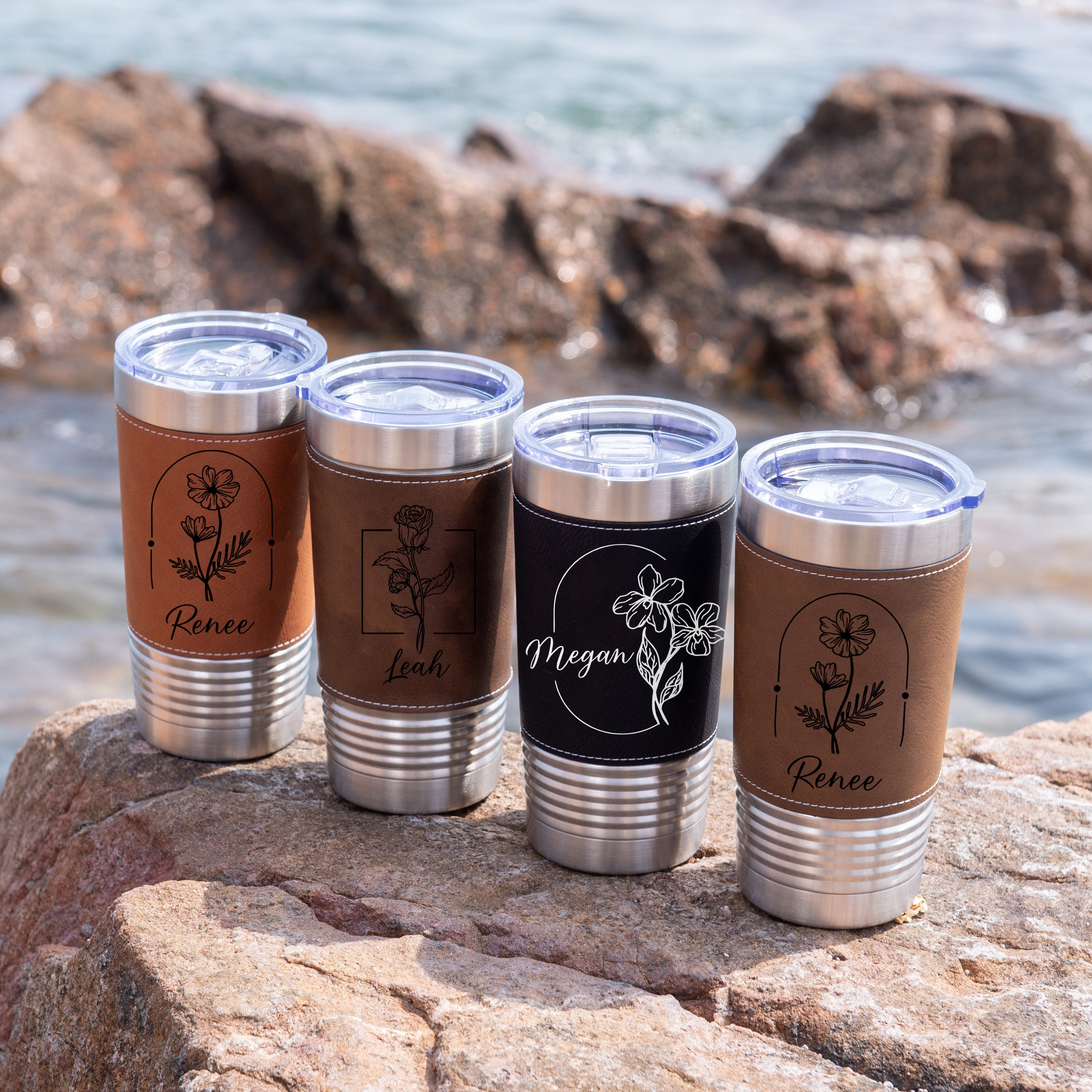 Personalized Birth Flowers With Name Leather Tumbler 20oz, Bridesmaid Gift, Custom Name Travel Cup, Birthday Gift, Gift For Her Mother