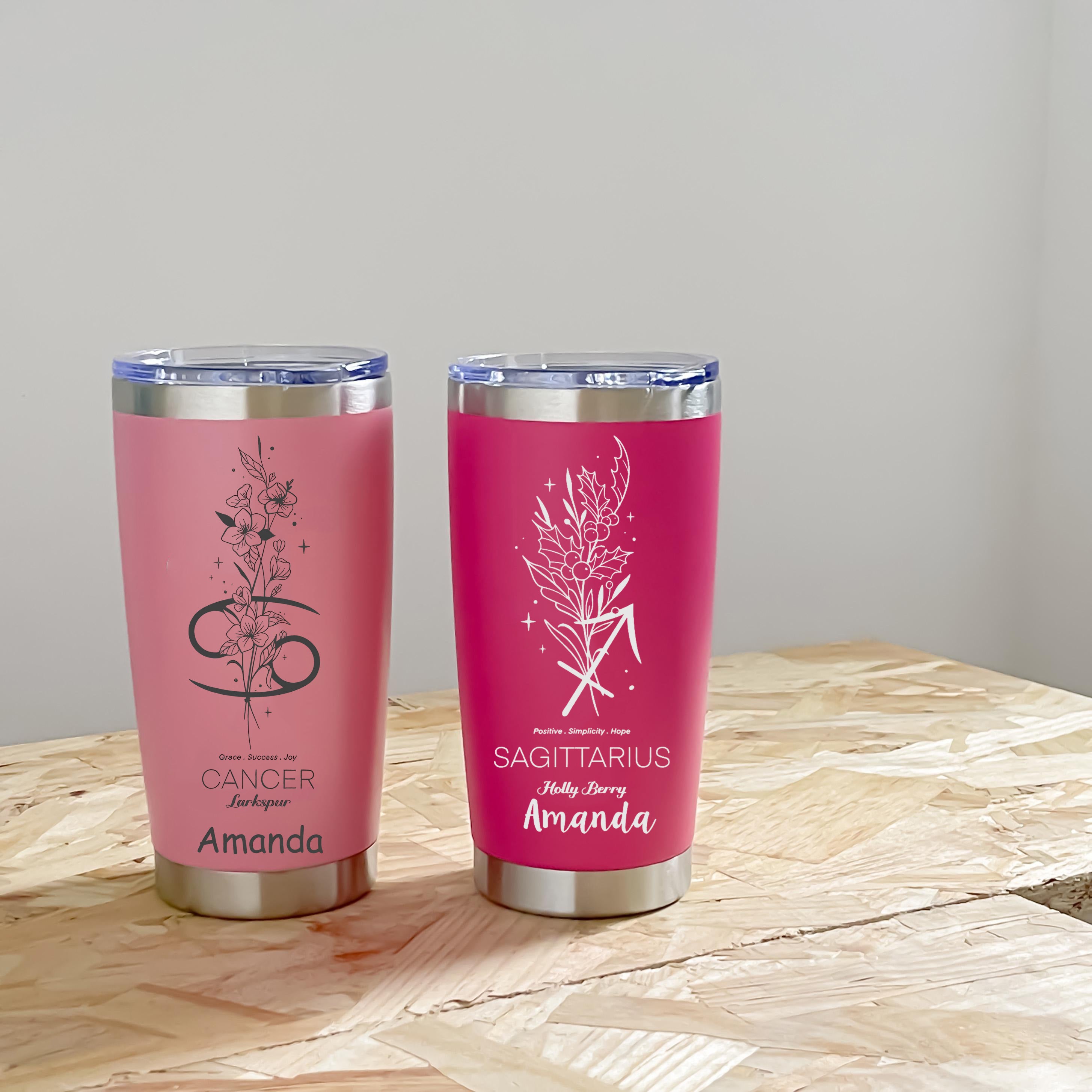 Personalized Zodiac Birth Flower Tumbler, Custom Stainless Steel Travel Mug with Name, Astrology Sign & Floral Birthday Gift