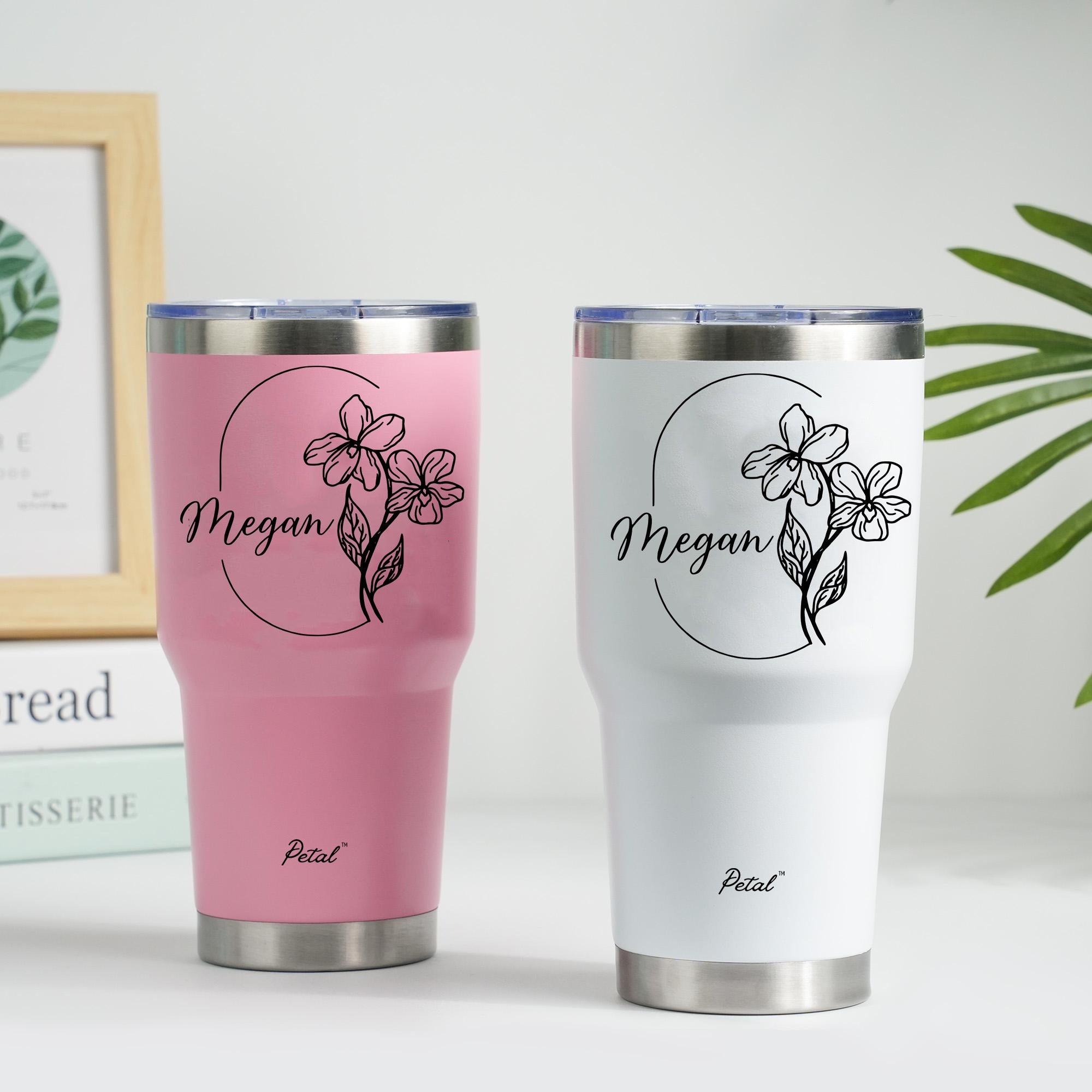 Personalized Birth Flowers With Name Step Tumbler 30oz, Stainless Steel Tumblers With Straw Handle, Custom Birth Month Flowers Cup, Birthday Gift