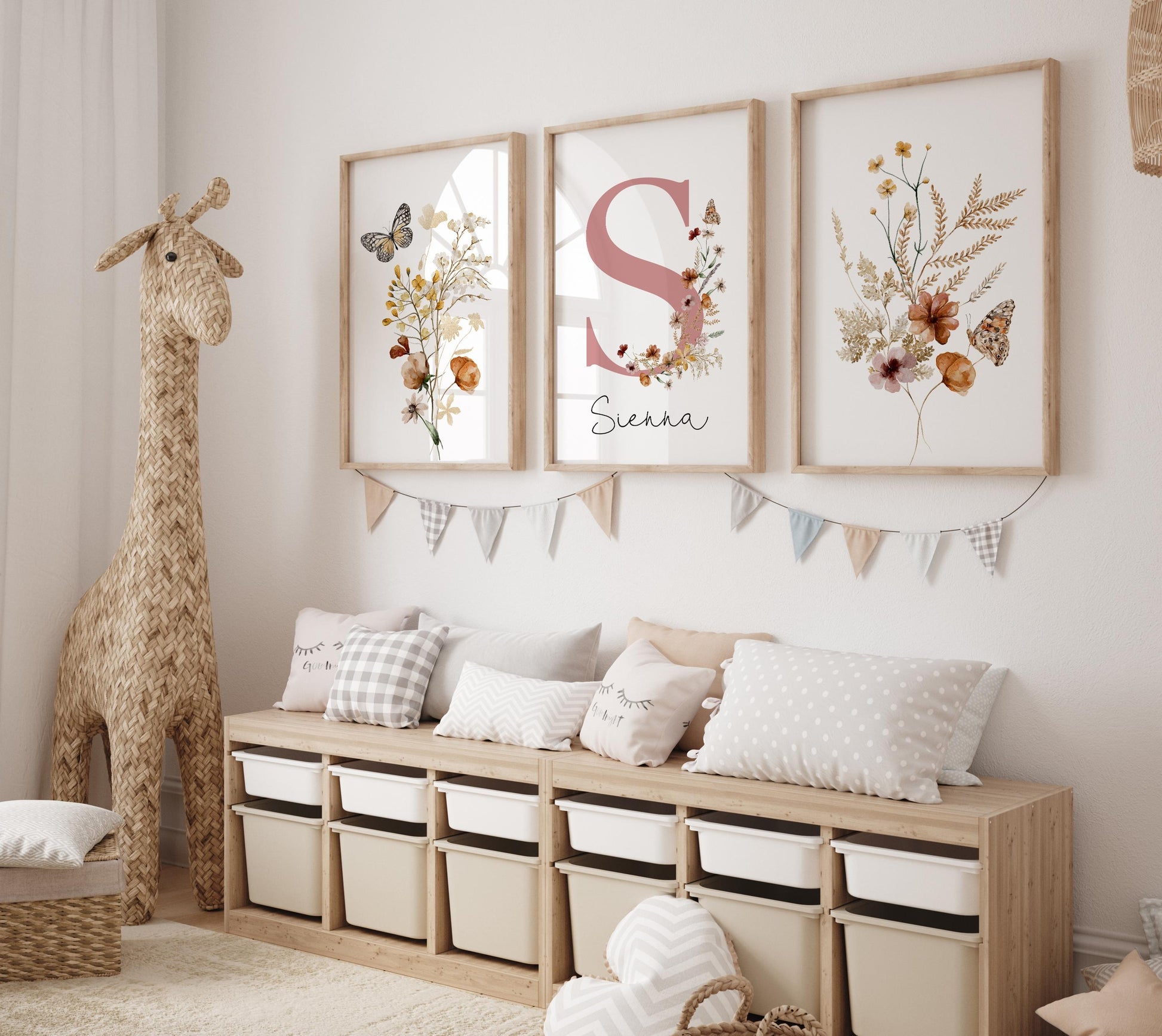 Custom Wildflowers Prints, Floral Nursery Wall Art, Boho Baby Girl Nursery Decor, Watercolor Flowers Set Of 3, Personalised Name - Initial