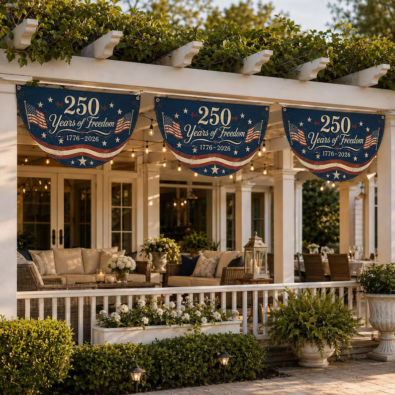 USA 250th Anniversary Semi Circle Banner, 1776-2026 Patriotic Porch Fence Decor, America Semiquincentennial Bunting Flag, 4th of July Decor. BPETAL03