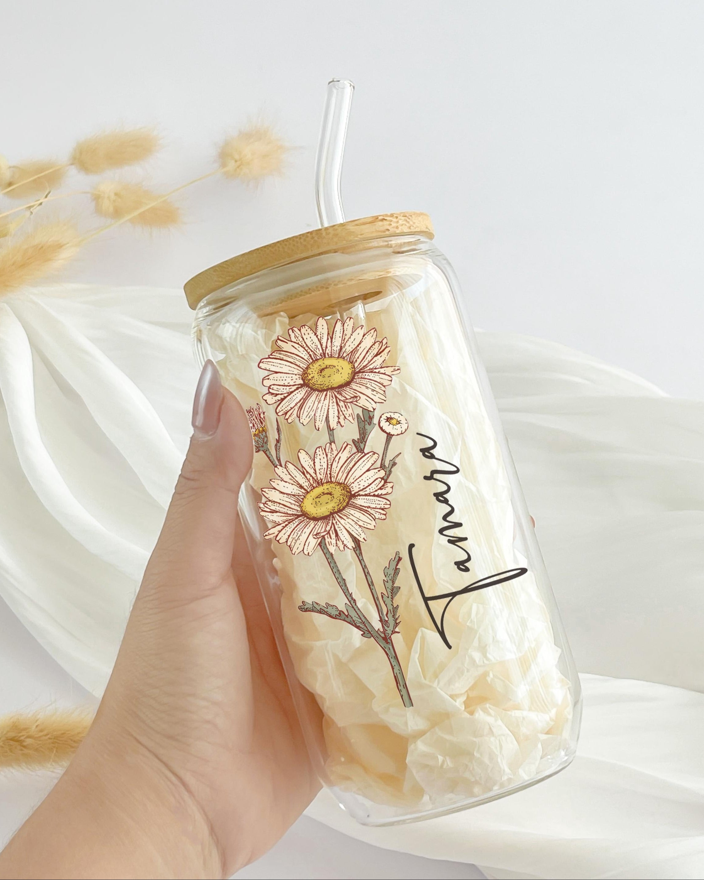 Personalized Birth Flower Tumbler With Name, Birth Flower Glass, Coffee Cup, Mothers Day, Gifts for Her , Bridesmaid Proposal, Party Favor
