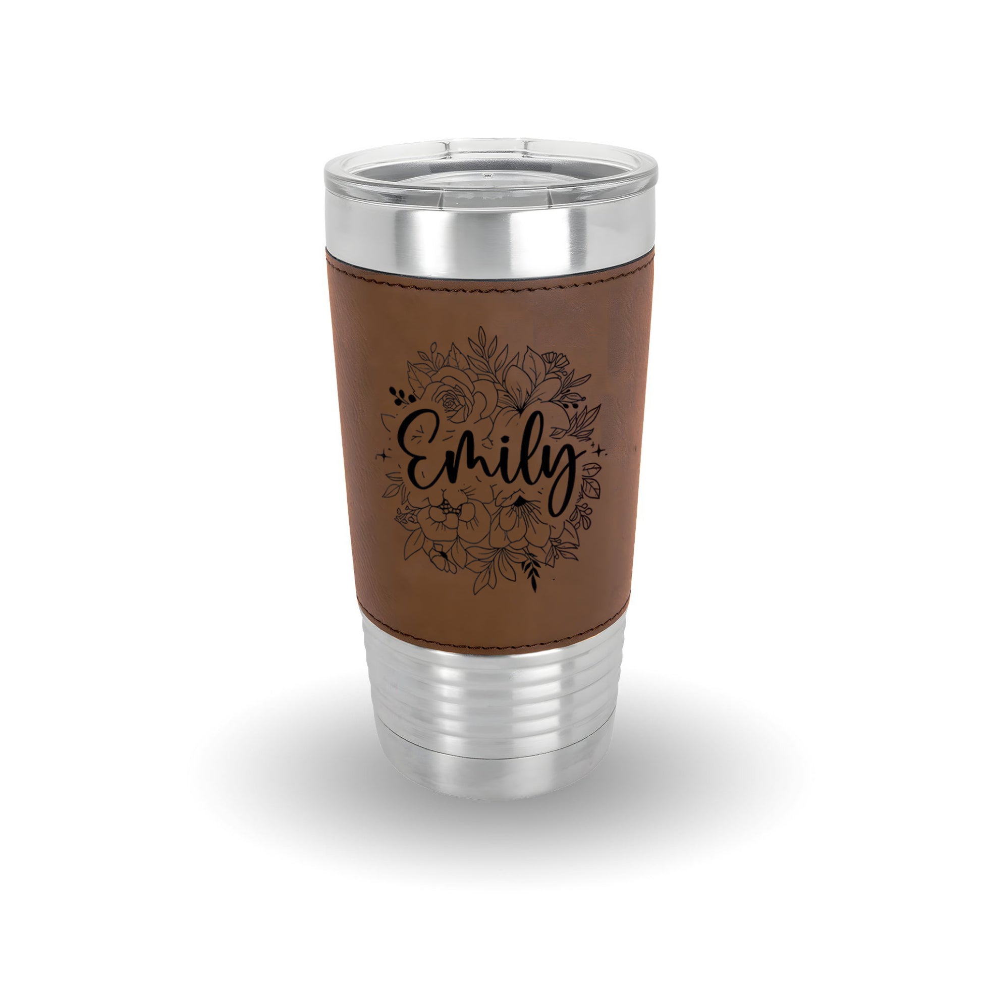 Personalized Flowers With Name Leather Tumbler 20oz, Bridesmaid Gift, Custom Name Travel Cup, Birthday Gift, Gift For Her Mother