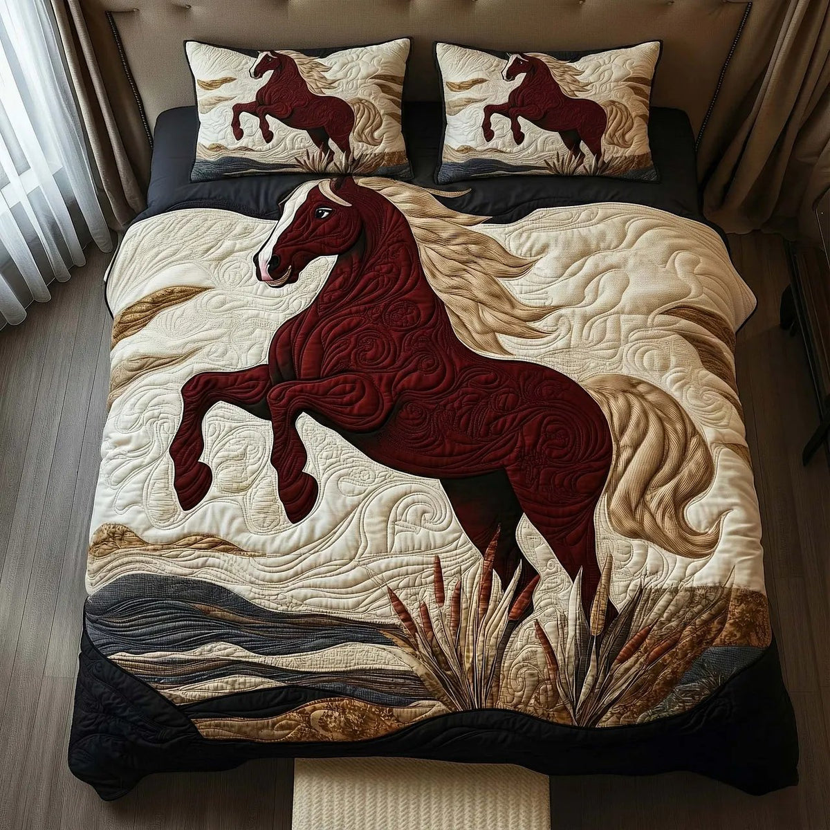 Crimson Horse Quilted Bedding Set, Vintage Horse Pattern Bedspread with Pillowcases, Festive Winter Bedroom Decor, Bedding Decor PTBED61