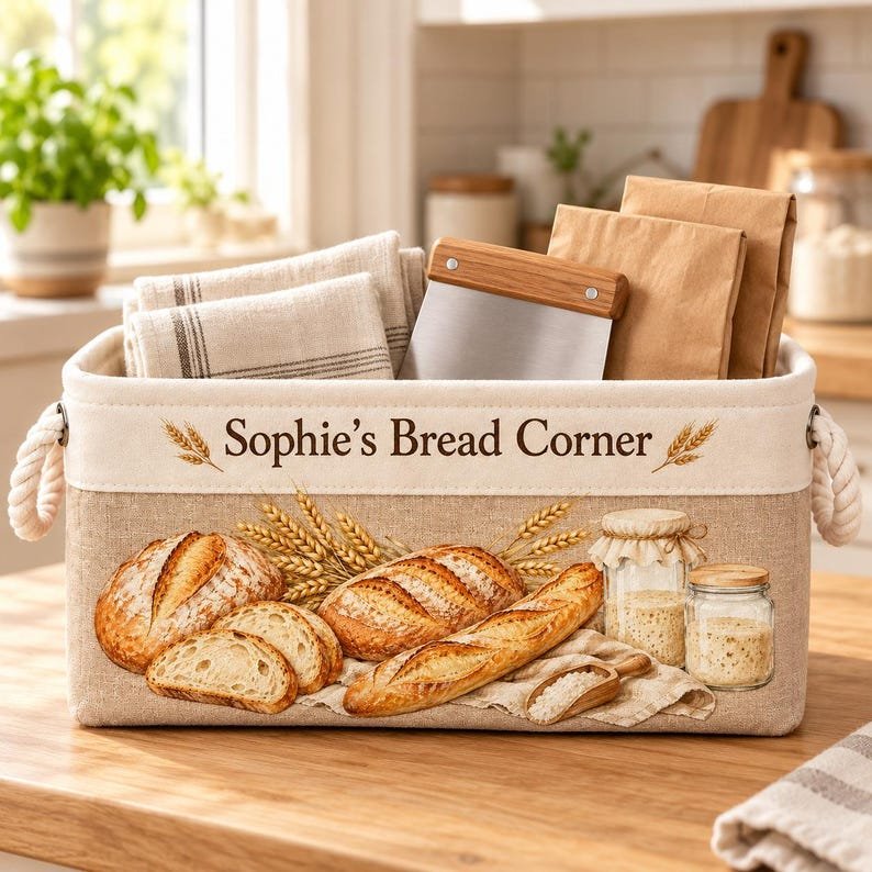 Personalized Fabric Storage Basket, Beige Sourdough Bread Print with Rope Handles for Baking Supplies BBPETAL37