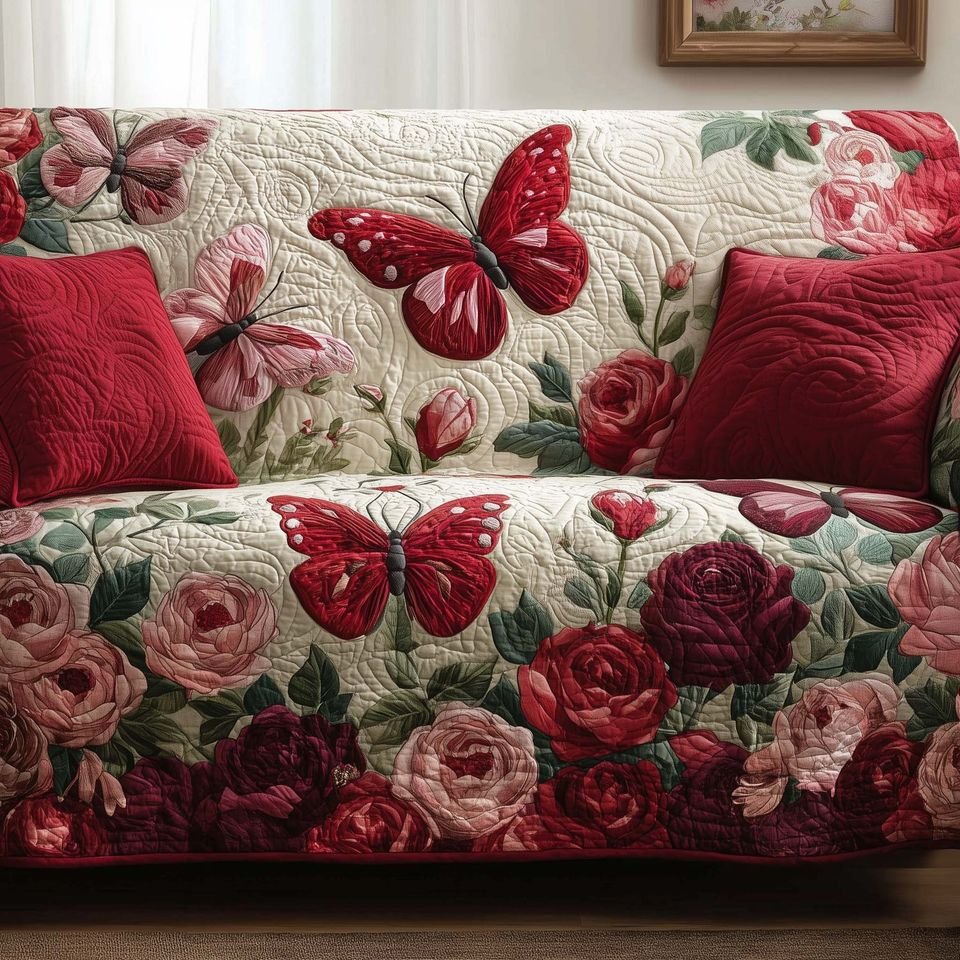 Personalized Rose Flower Pattern Quilted Sofa Cover, Floral Pattern Sofa Cover, Patchwork Couch Throw, Sofa Protector, Holiday Sofa Decor QUILTSOFA25