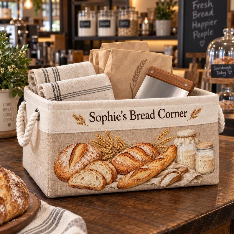 Personalized Fabric Storage Basket, Beige Sourdough Bread Print with Rope Handles for Baking Supplies BBPETAL37