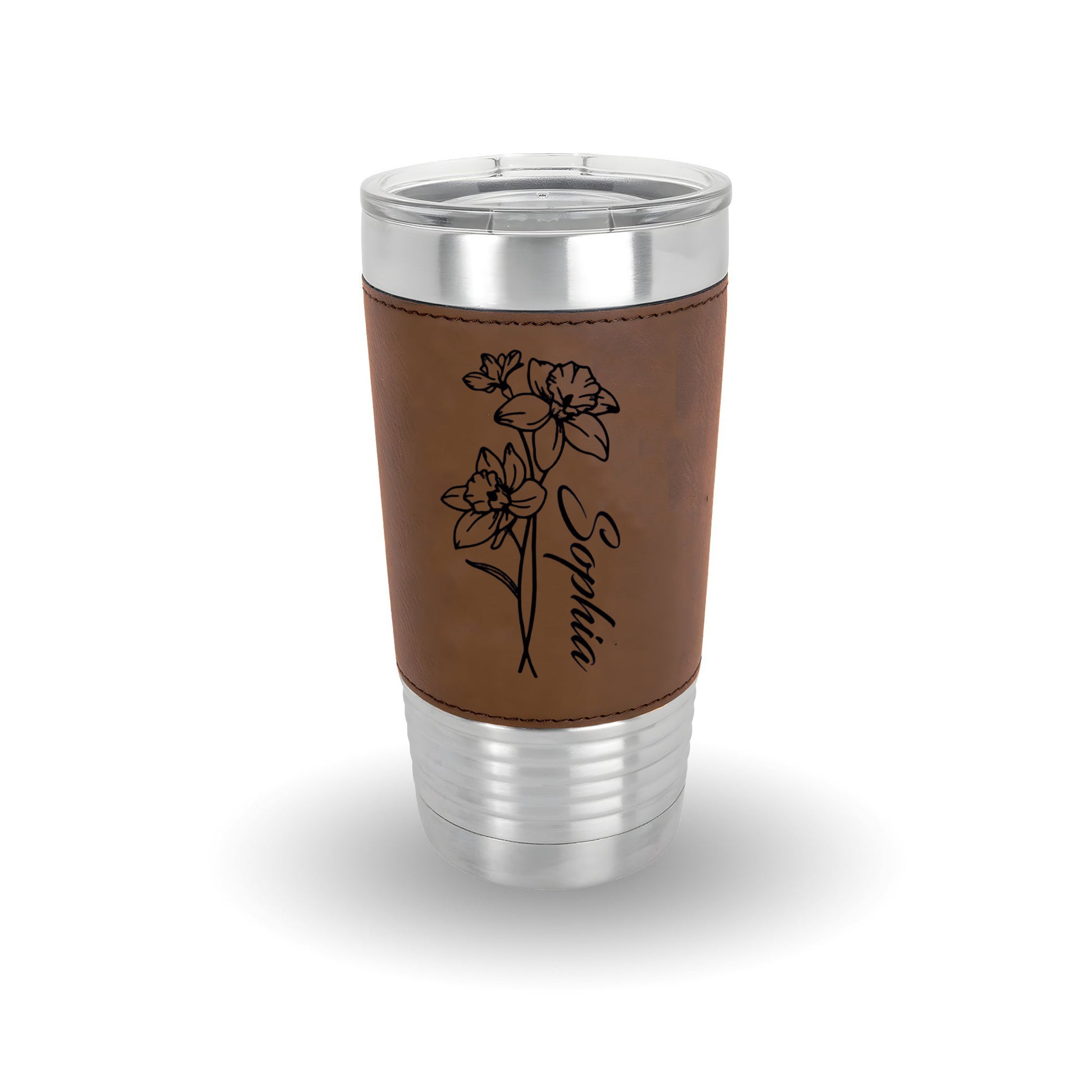 Personalized Birth Flowers 20oz Leatherette Tumbler With Name, Bridesmaid Gift, Custom Name Travel Cup, Birthday Gift, Gift For Her Mother