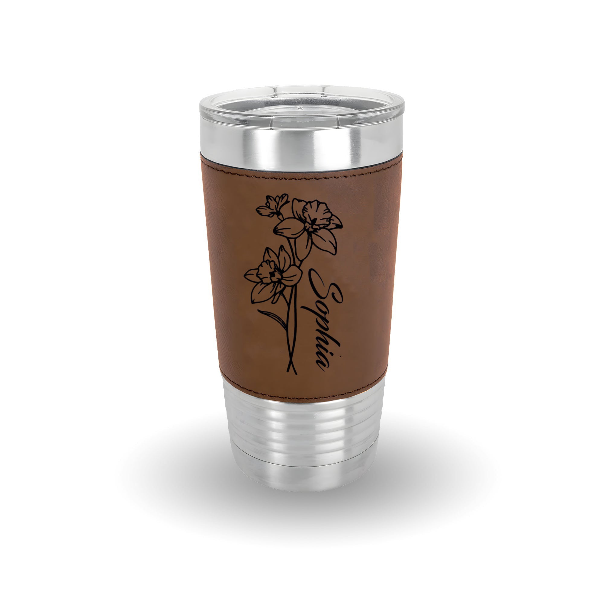 Personalized Birth Flowers 20oz Leatherette Tumbler With Name, Bridesmaid Gift, Custom Name Travel Cup, Birthday Gift, Gift For Her Mother