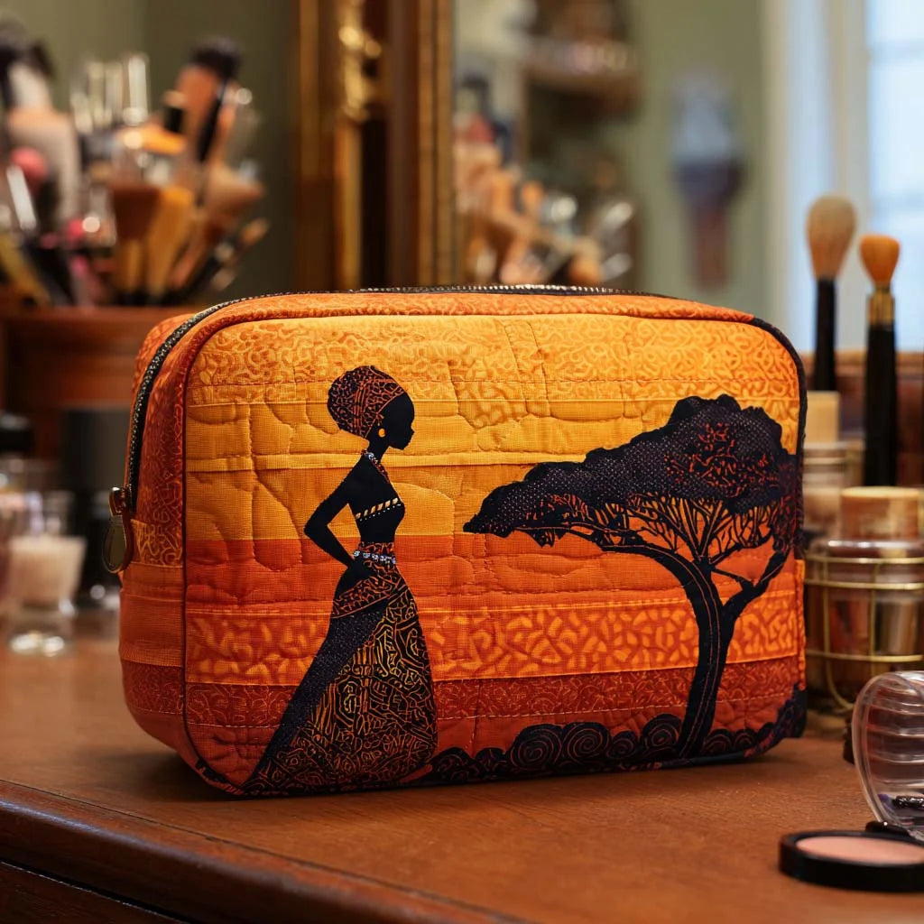 Quilted African Sunset Makeup Bag, African Woman Silhouette Cosmetic Pouch, Safari Travel Toiletry Organizer – QMBPETAL31